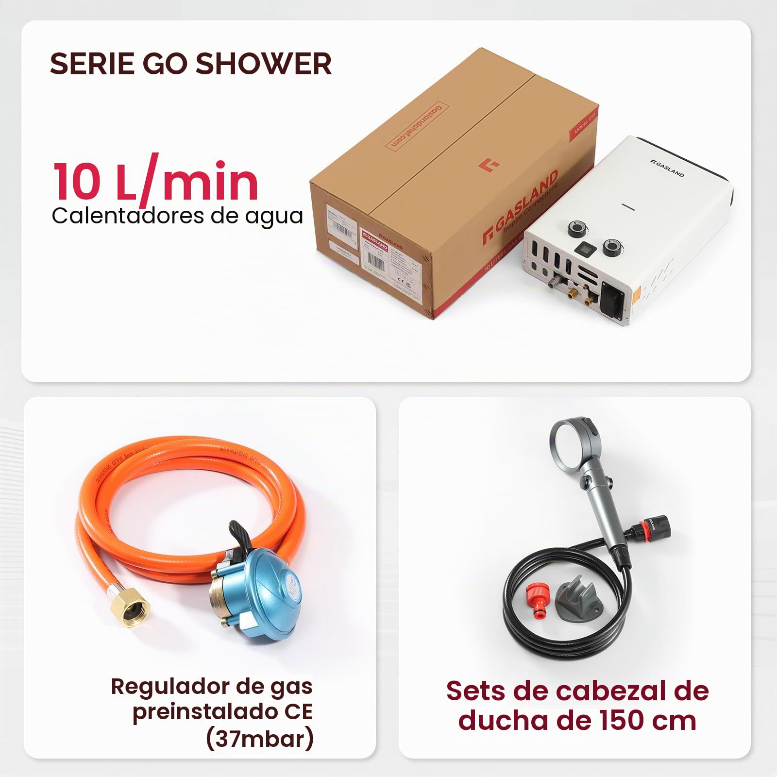 GASLAND Go Shower Series G10 - Calentador de agua a gas, ultradelgado, portátil, para exteriores, 10 litros, butano (28-30 mbar)/propano (37 mbar), ducha de GLP para camping, caravana, granero