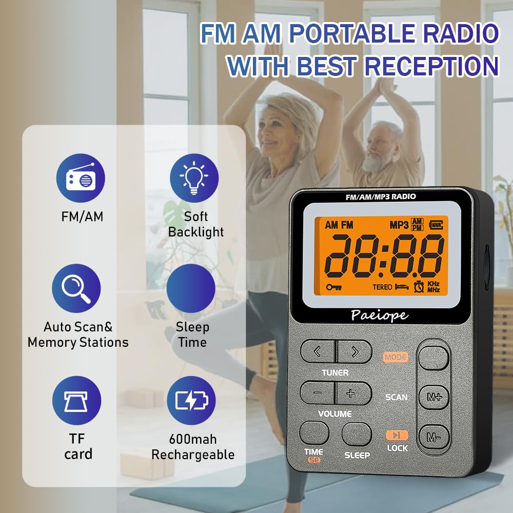 Radio portátil AM FM, radio de bolsillo recargable con la mejor recepción sintonización digital, MP3, auriculares estéreo, pantalla LCD grande, toma de tarjeta TF, radio transistor para