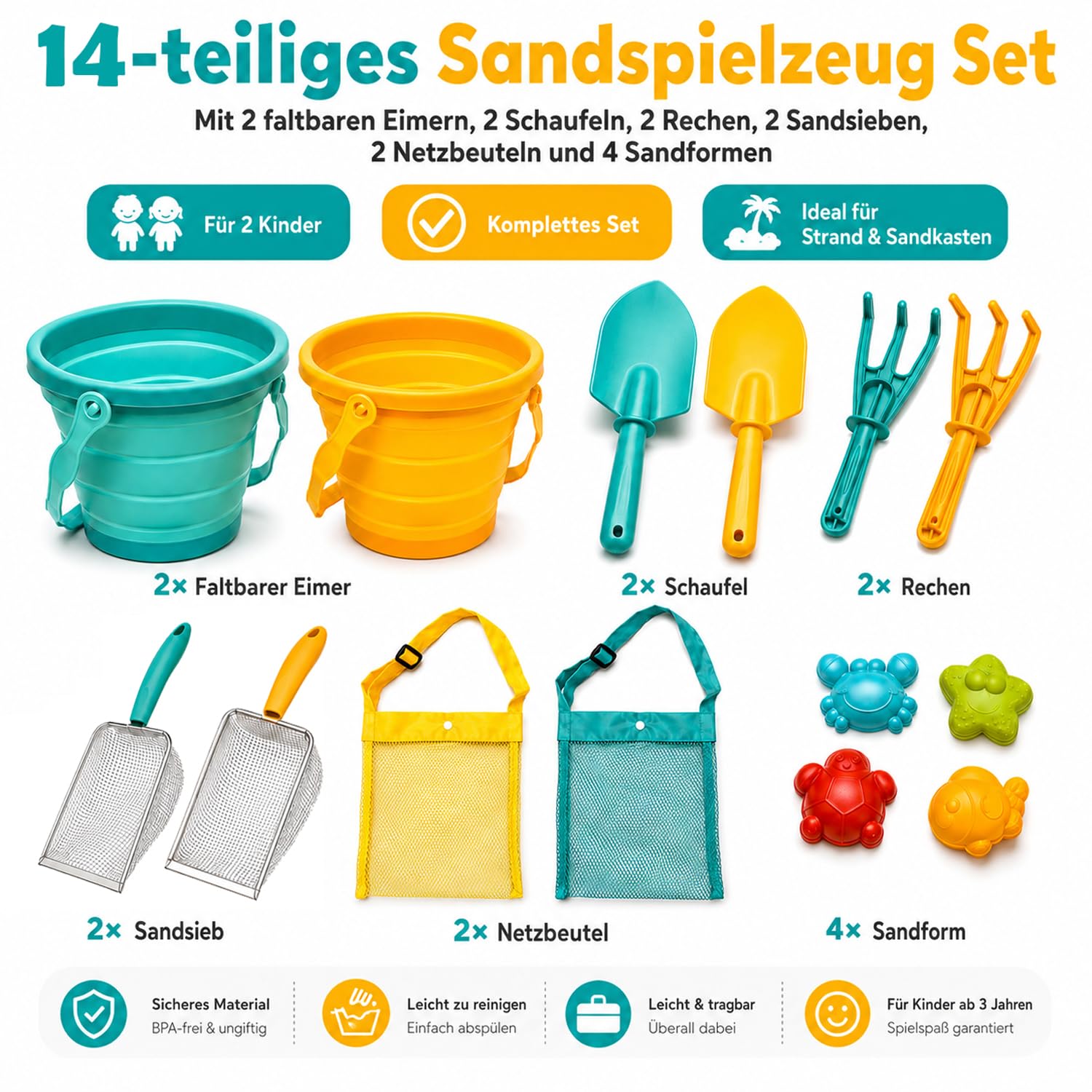 Sandspielzeug Kinder Strandspielzeug Set mit 2 faltbaren Eimern, Schaufel, Rechen, Sandsieb & Netzbeutel, 14-teiliges Sandkasten Spielzeug für Strand, Garten & Urlaub ab 3 Jahren