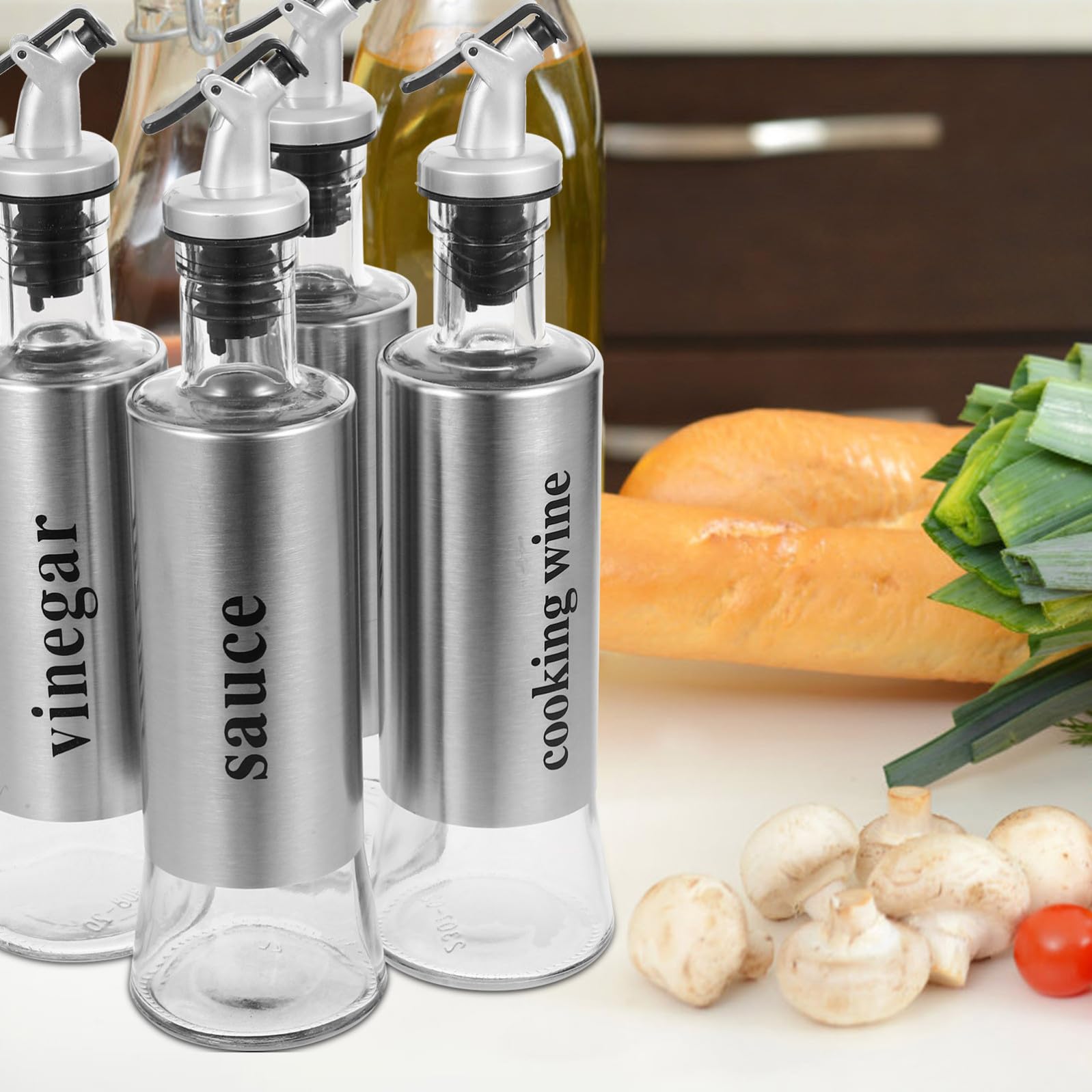 Set Design Antigoccia Oliera Dosatore in Vetro e Acciaio Inossidabile 4 Pezzi 300ml per Olio e Aceto per Cucine Domestiche ed Eleganti