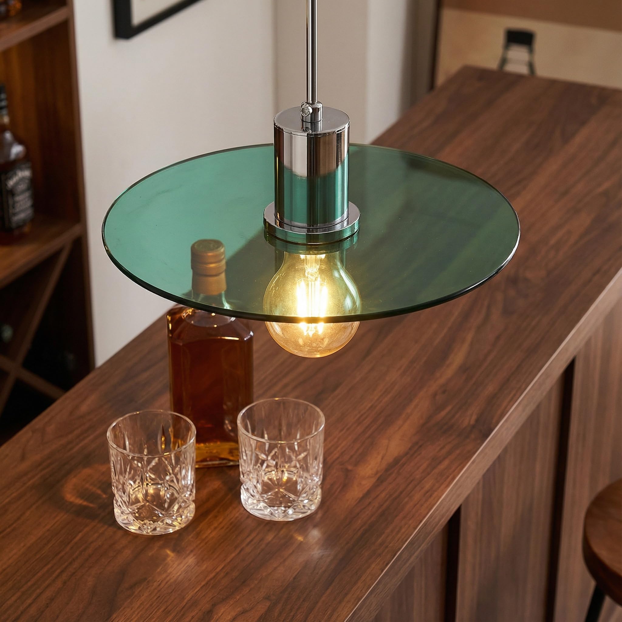 1 Flammig Pendelleuchte Esstisch, Minimalist Hängelampe aus Rund Glas-Scheibe in Grün & Metall in Chrom E27 LED Hängeleuchte für Küche Esszimmer Schlafzimmer & Wohnzimmer