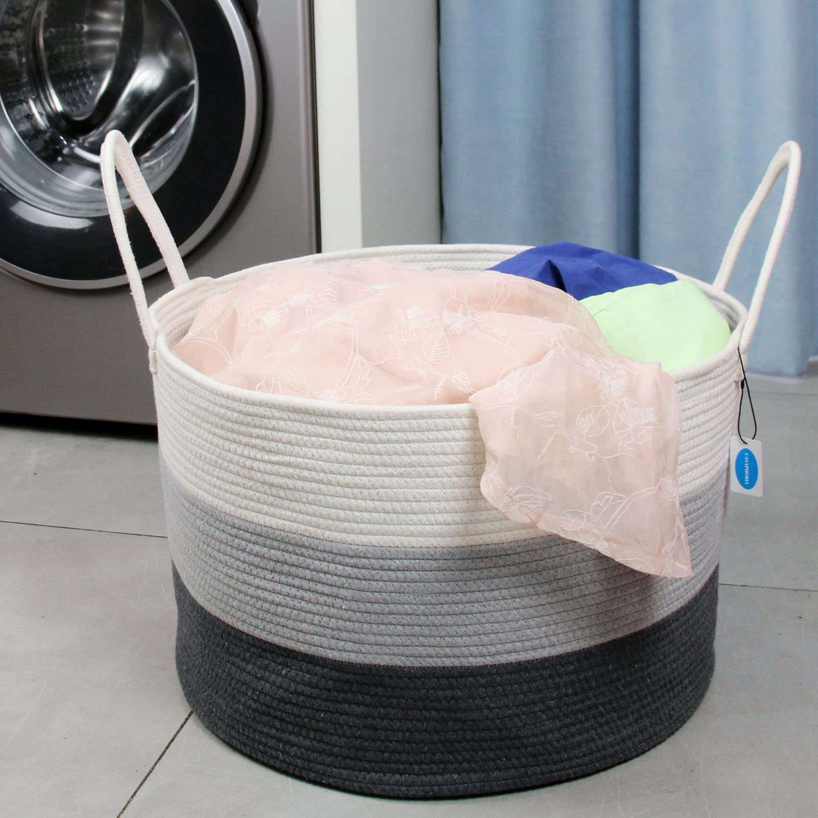 Casaphoria Cesto portaoggetti XXL in corda di cotone, largo 50,8 x 33,8 cm, con manici lunghi, cestino decorativo per vestiti, cestino extra large per coperte, cuscini o biancheria (grigio)