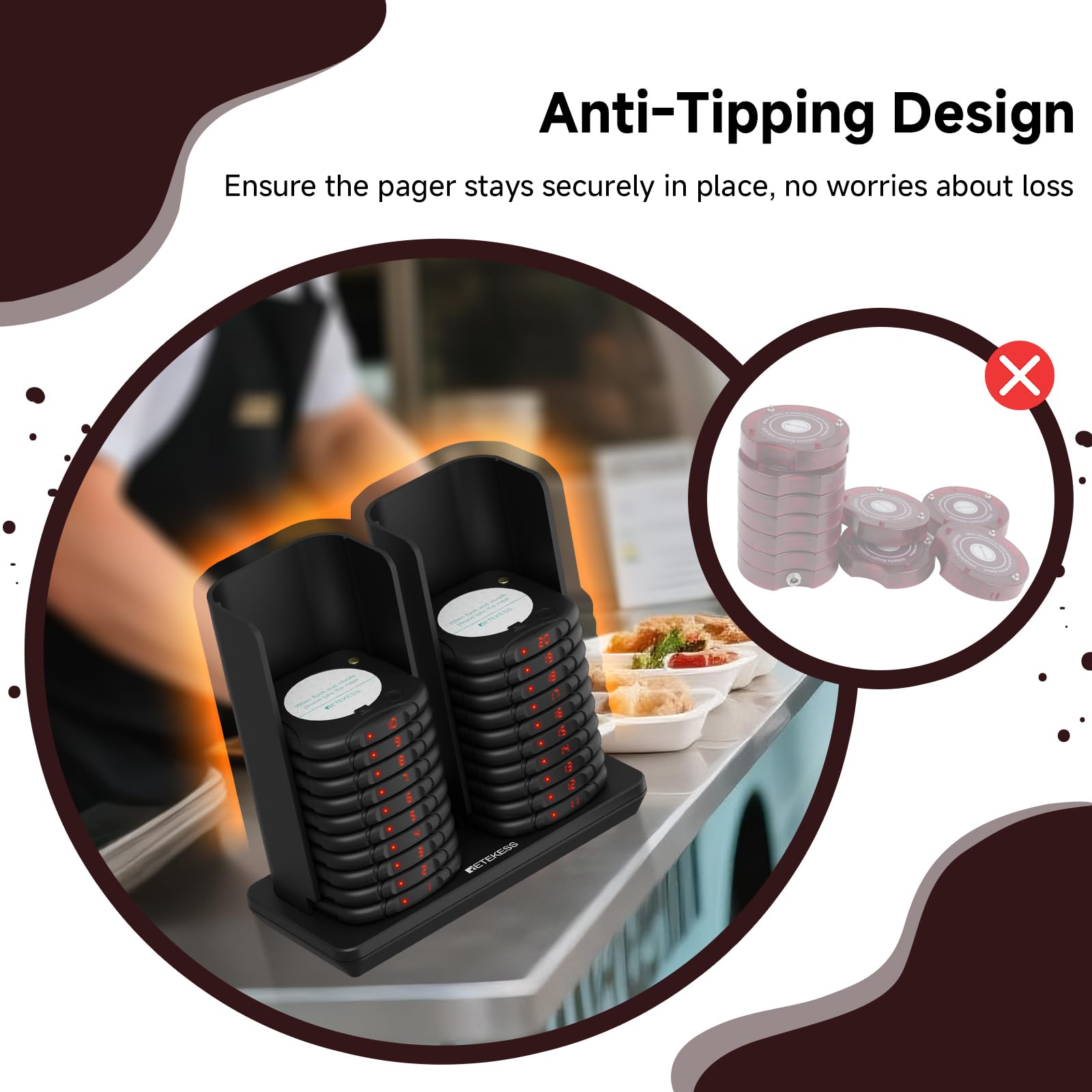 Retekess TD186 Cercapersone Ristorante, 600M Pager Ristorante, 20 Cercapersone, Design Anti-Ribaltamento, 3 Livelli di Volume, 3 Intensità di Vibrazione, 300 mAh Disk Pager Per Food Truck, Bar, Hotel