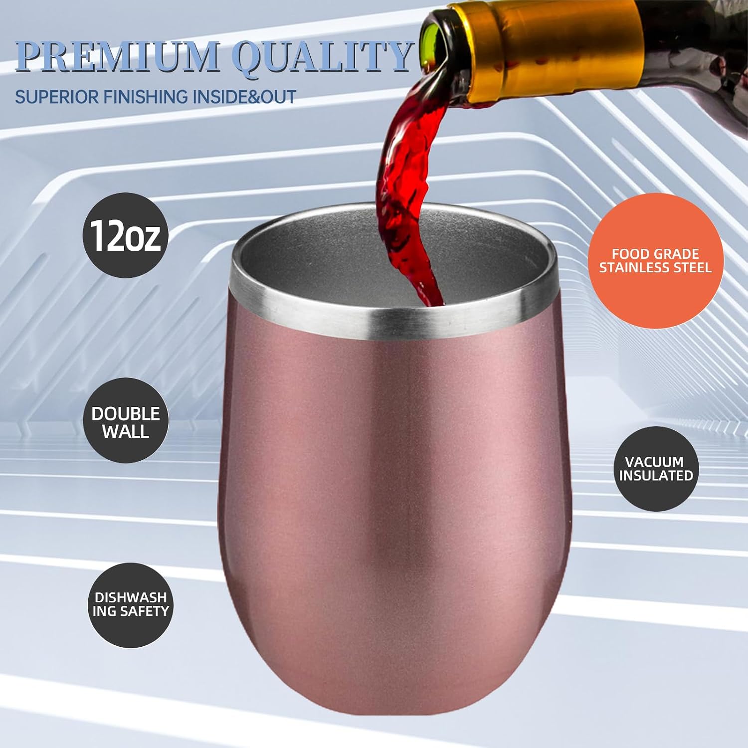 12oz/4 Pack Wine Tumbler with lid, Stainless Steel Travel Mugs Stemless Double Wall Insulated Coffee Cup, Insulated Wine Glasses Travel Tumbler for Cold & Hot Drinks(Rose Gold,4)