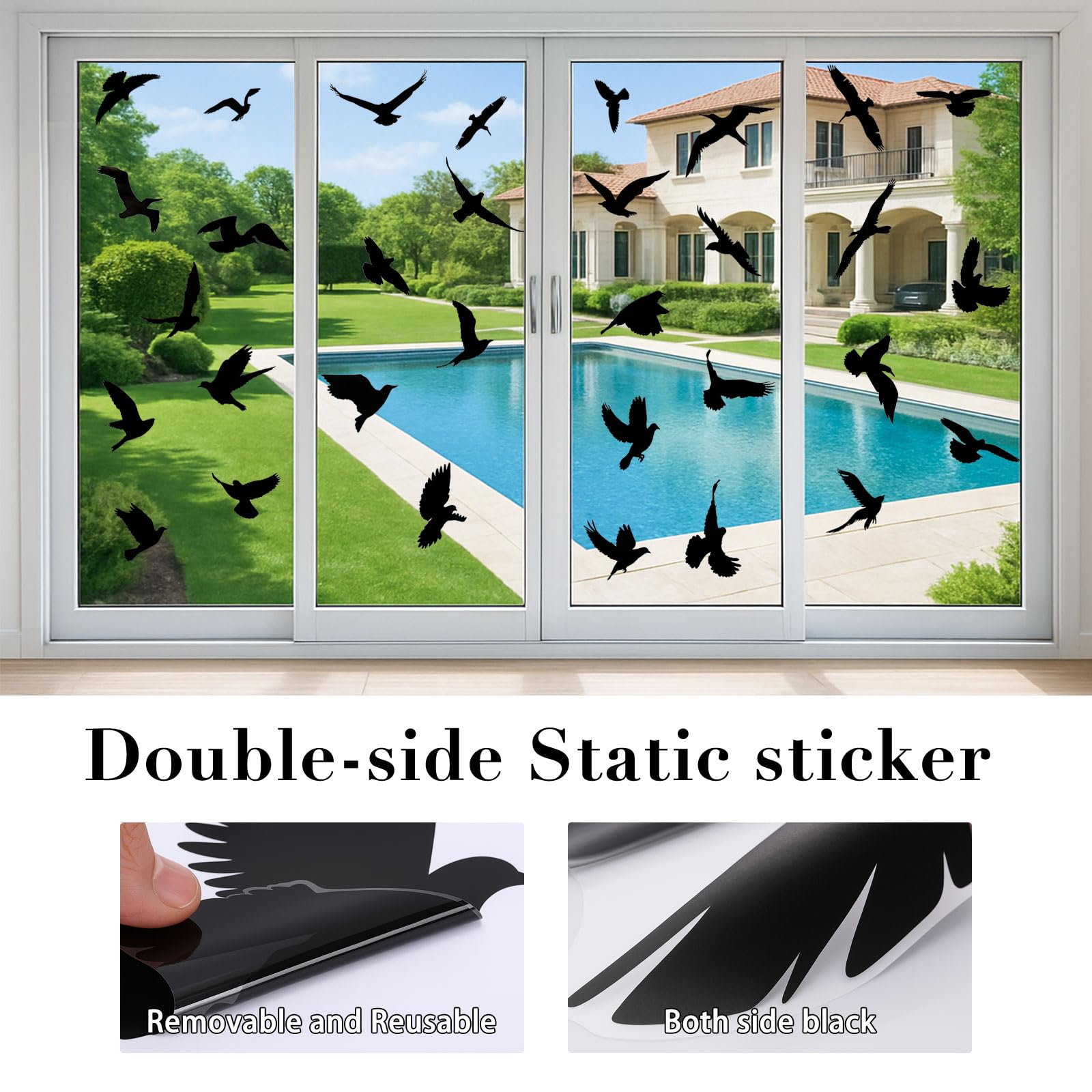 Lot de 37 autocollants de protection contre les oiseaux - En PVC - Réutilisables - Statiques et autocollants contre les chocs d'oiseaux