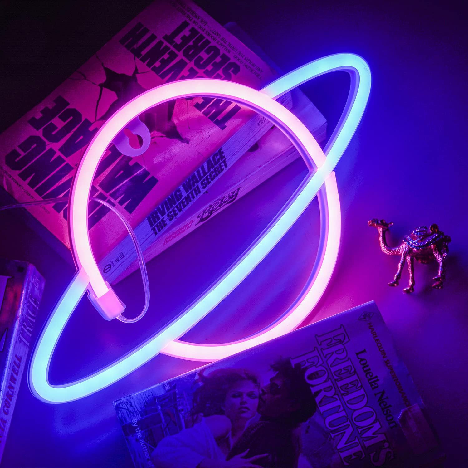 Neon Signs Lights for Wall Decor, USB or Battery Decorative Blue Planet Neon Sign LED Night Light for Bedroom, Christmas, Living Room, Kids Room, Man Cave (A-Blue/Pink)