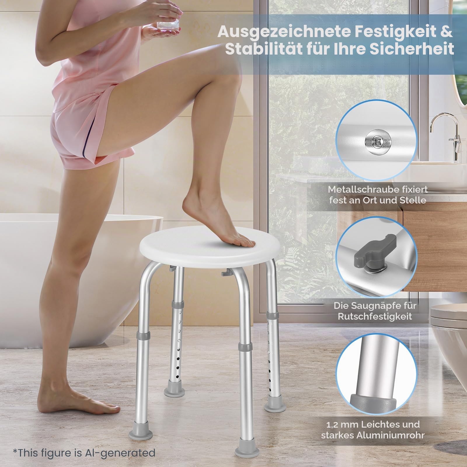Duschhocker, Höhenverstellbar Badhocker 34-52 cm, Duschstuhl aus Aluminium mit Rutschfesten Gummispitzen für Senioren, Schwangere, Behinderte, Duschhilfe, Duschsitz (Weiß/Grau Badehocker)