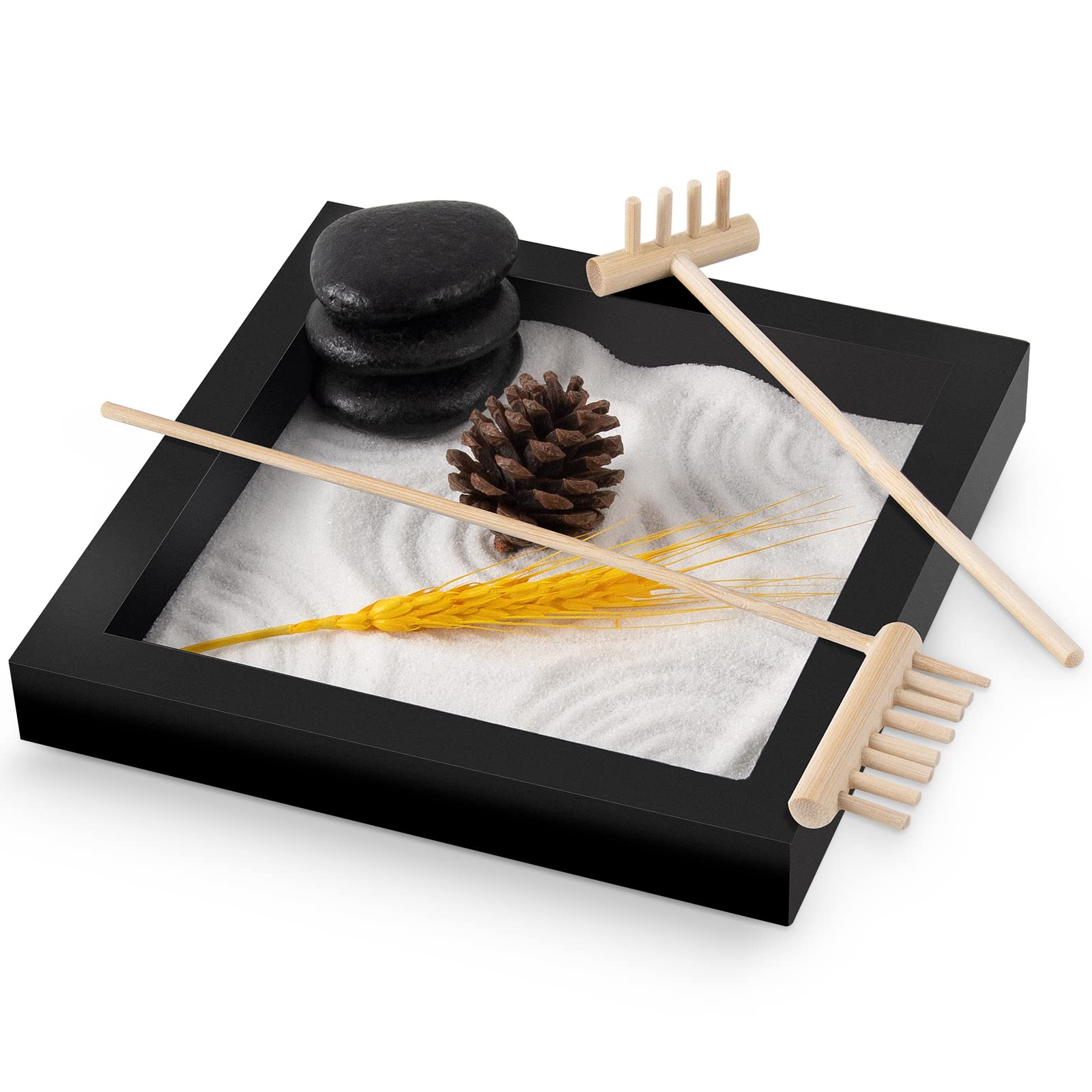 Desktop Zen Garden Kit Meditation Decor Japanese Mini Zen Sand Garden 6''x6'' Tray with Pine Cone, 3 Zen Stones, Wheat, Home Office Desk Decorations Gift (Pine Cone)