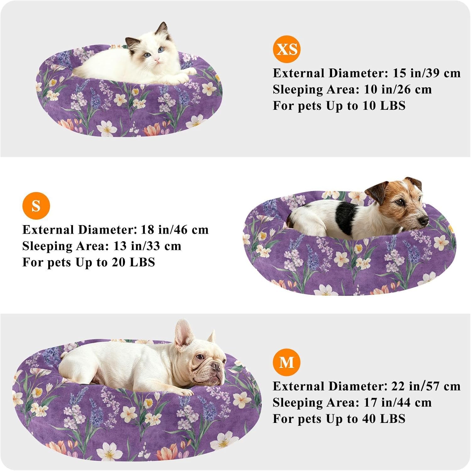 Pet Dog Bed Anti-Slip Fluffy Dog Pillow Bed for Medium Size Pets Supplies M Florals Tulips Lavender Purple