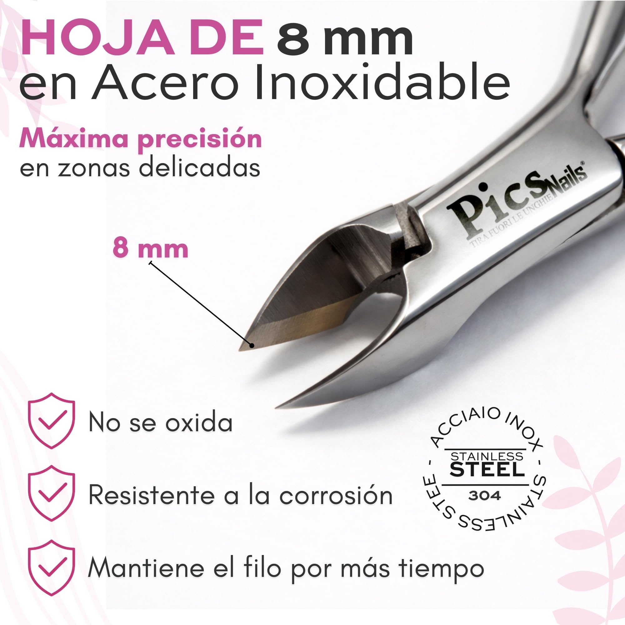 Pics Nails - Corta Cutículas Profesional 8 mm – Alicate para Cutículas de Precisión en Acero Inoxidable, Herramienta de Manicura y Pedicura Profesional