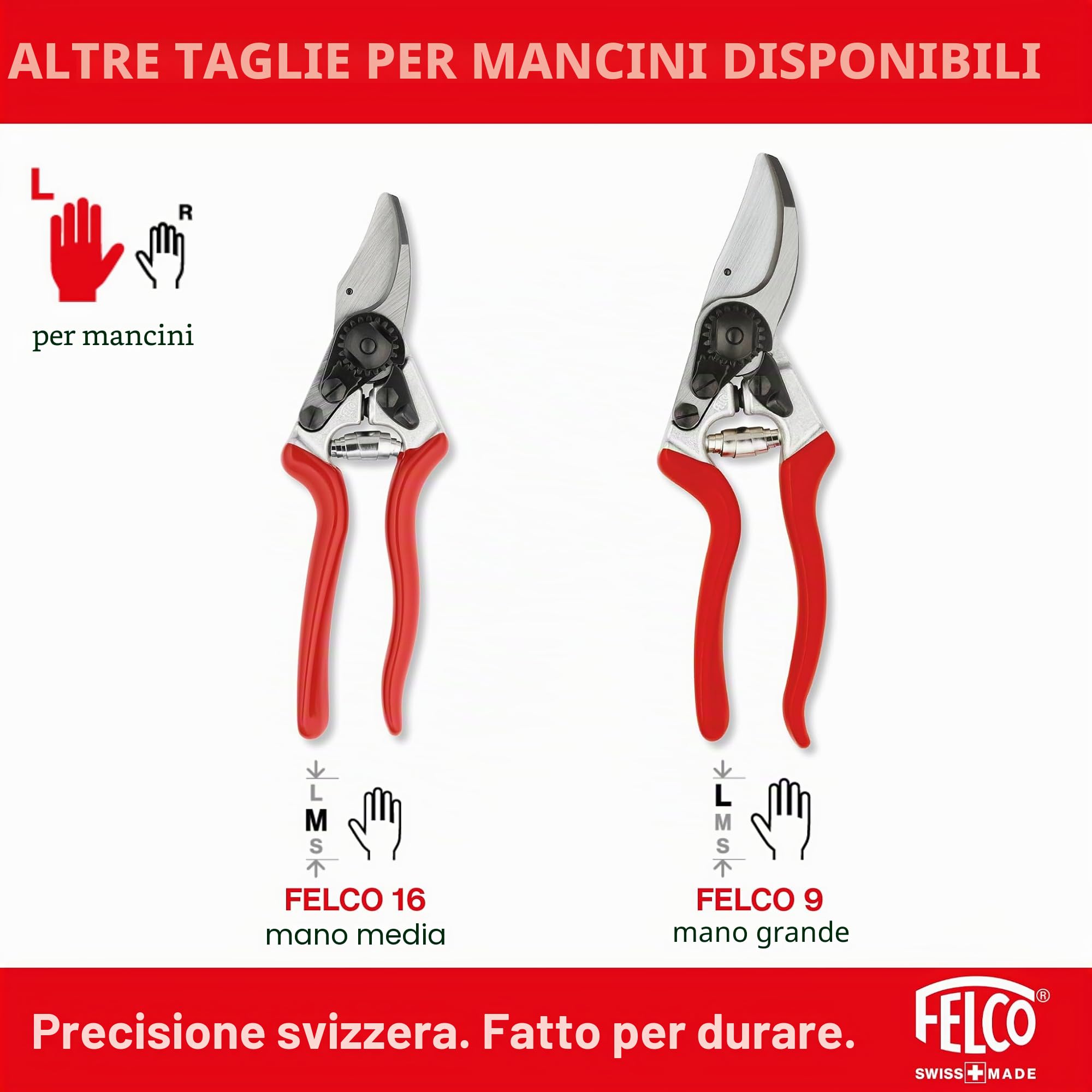 FELCO 32 Cesoia a Incudine, Mano Destra e Sinistra, Mano Grande, Capacità di Taglio 25mm, Lama a Incudine in Ottone Curva, Manici in Alluminio Forgiato, Made in Switzerland, Garanzia a Vita