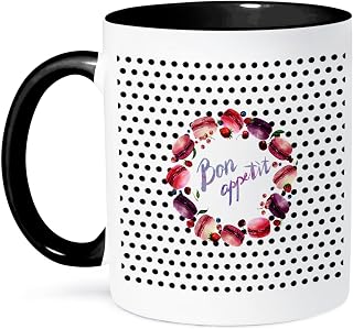 3dRose Bon Appetit - Polka Dot Pattern With Macarons Wreath and Typography 11oz Two-Tone Black Mug