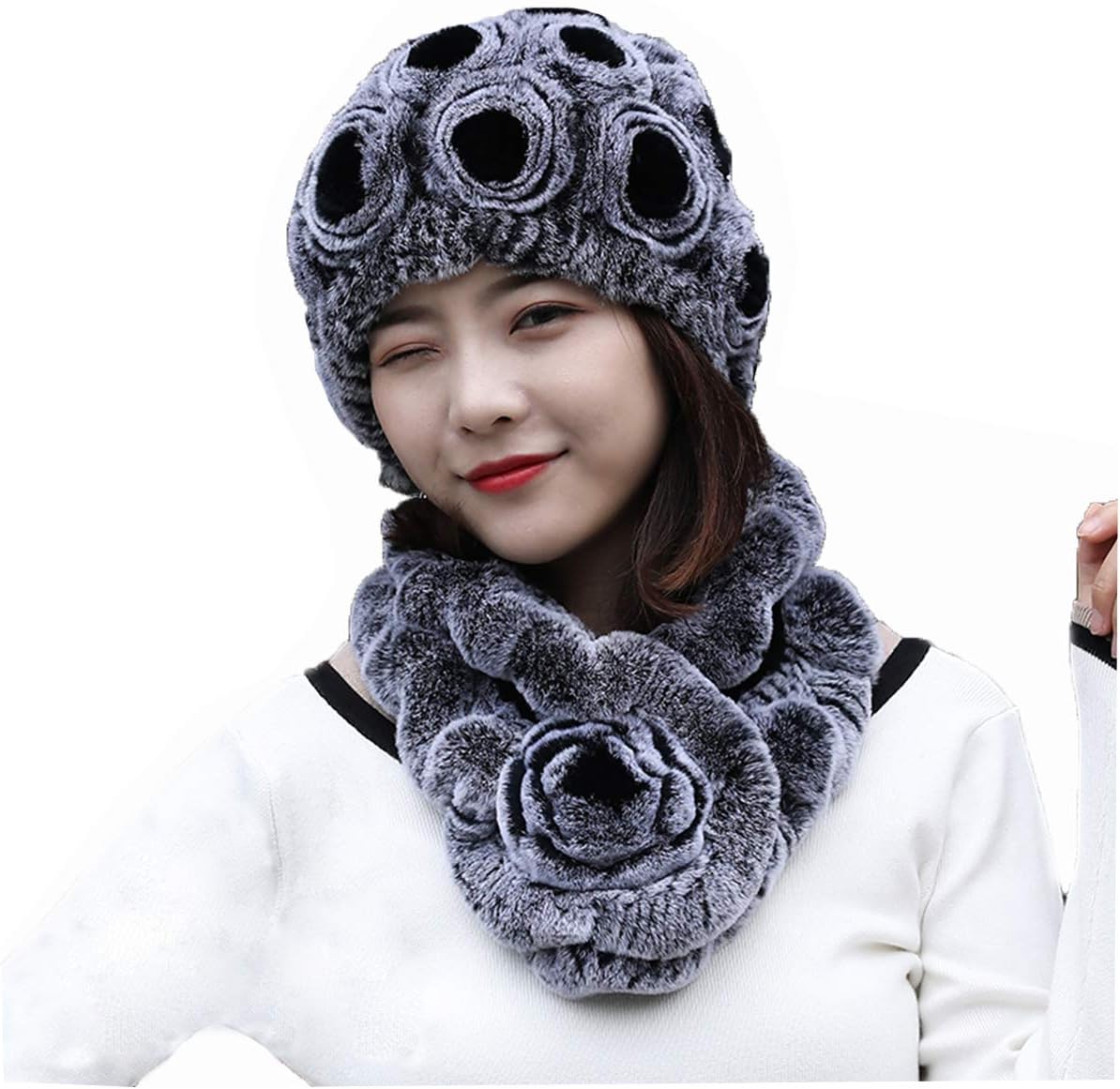 2PCs Women's Genuine Rex Rabbit Hair Hat+Scarf Set Knitted Cap Winter Warm Neckerchief
