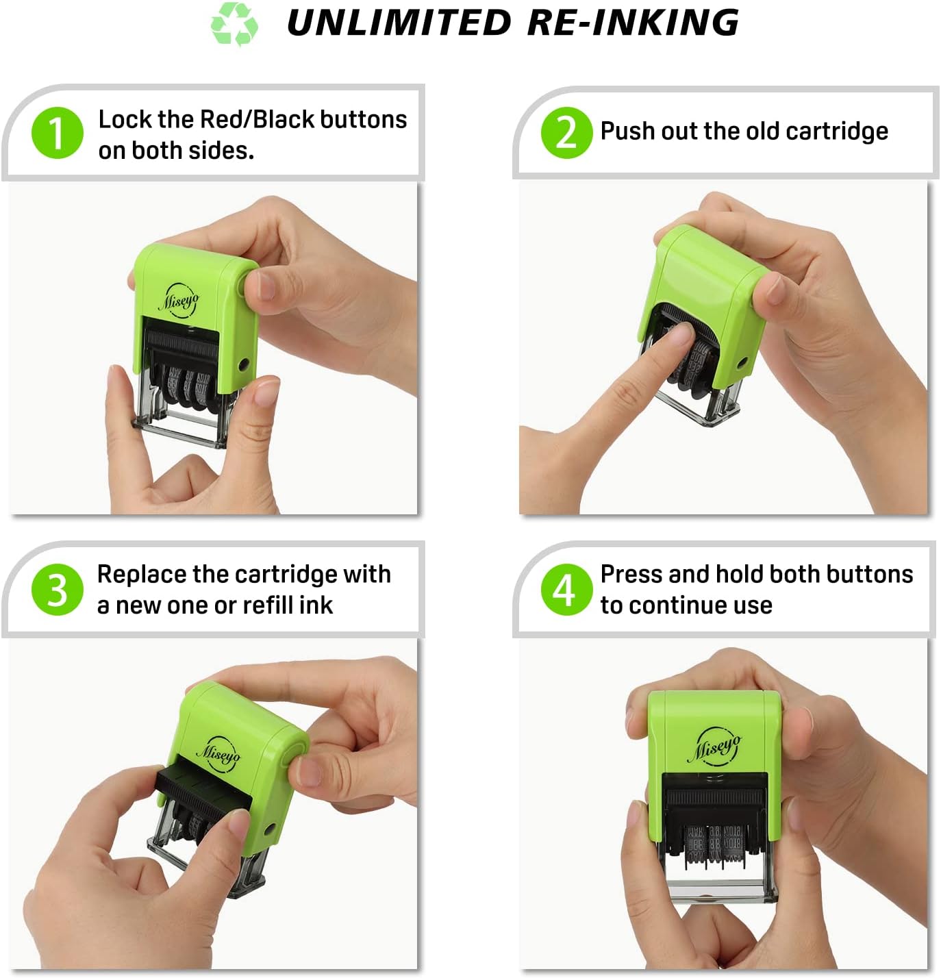 Miseyo Self Inking Date Stamp - Green (2 Black Refill Ink pad Included)