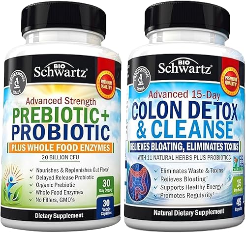 Suplemento de prebióticos y probióticos de fuerza avanzada con enzimas digestivas (suministro de 1 mes) más limpieza de 15 días para la salud del