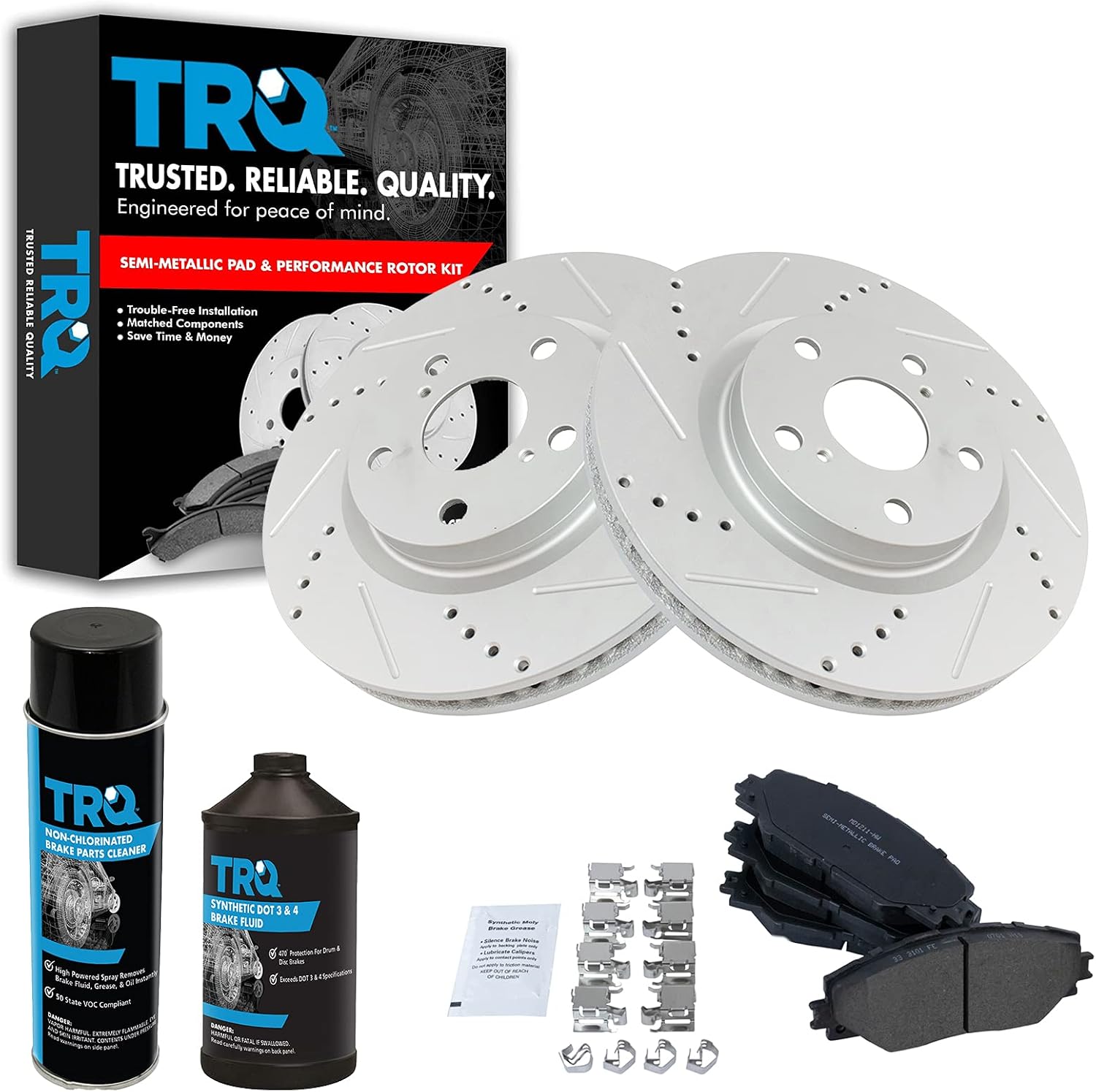 TRQ Front Brake Pad & Rotor Kit Semi-Metallic Performance Slotted X Drilled Compatible with 17-18 Corolla iM 16 iM 09-13 Matrix 16-19 Mirai 06-18 RAV4 11-16 tC 09-10 Vibe