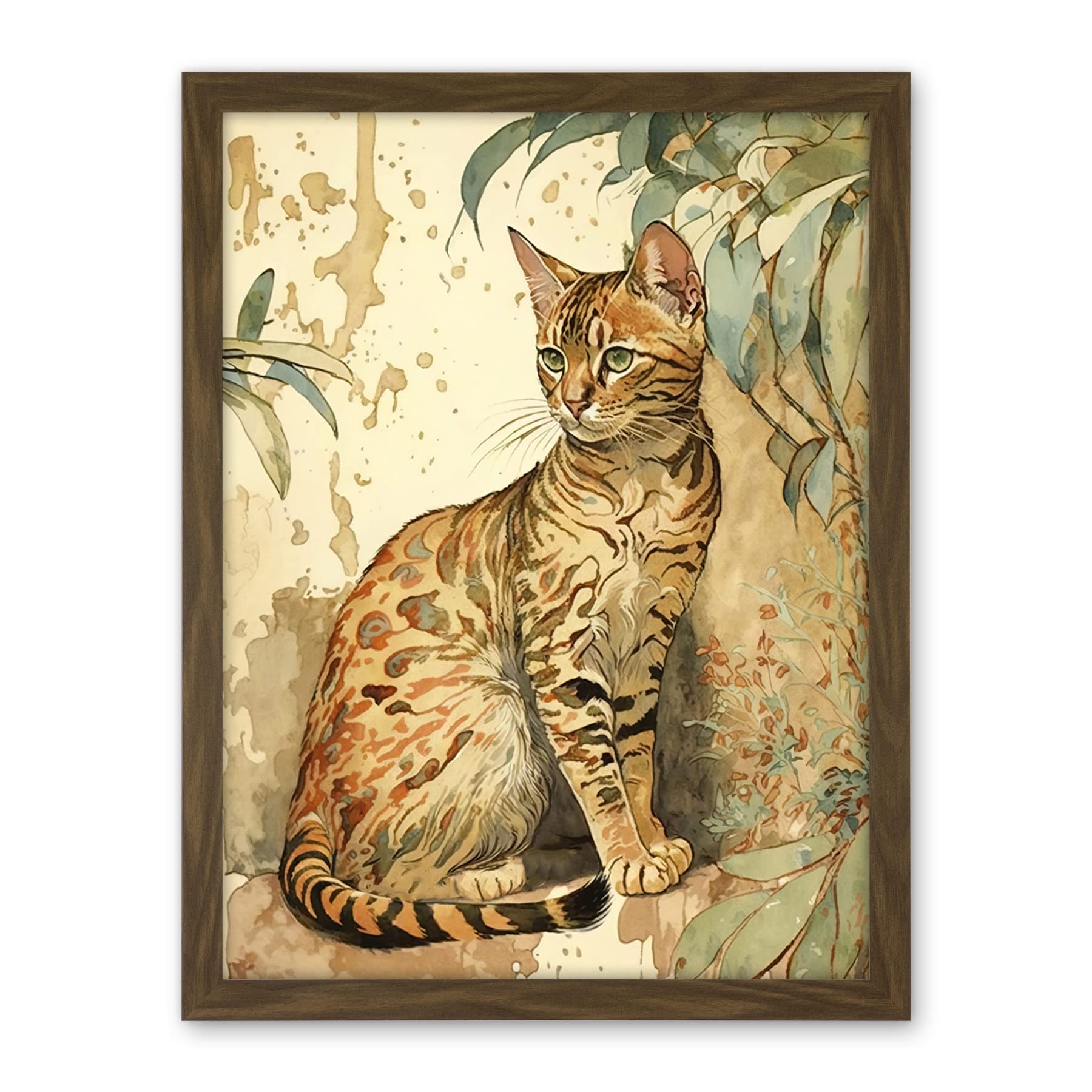 Artery8 Marble Coat Bengal Cat Perched on Street Wall Watercolour Illustration Artwork Framed Wall Art Print 18X24 Inch