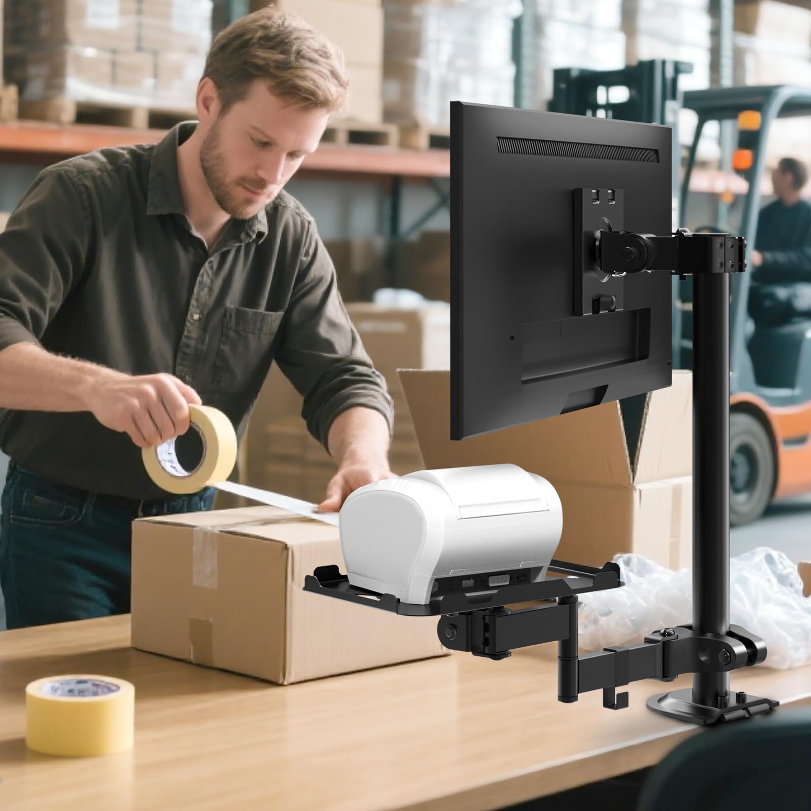 PUTORSEN Beamer Halterung & Thermodrucker Halterung, höhenverstellbare Stangenmontage mit Ablage (18x23 cm) und Schwenkarm (bis 5 kg), für Rohre Ø 2,8-6 cm, Quick-Clamp ohne Bohren