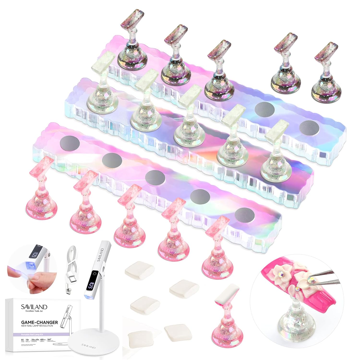 SAVILAND LED U V Light with Magnetic Stand & LCD Screen Portable Nail Lamp Kit Handsfree 2-Timer Modes Portable Mini Nail Dryer Nail Stand for Press Ons Nails Display: 3 Nail Stand Set