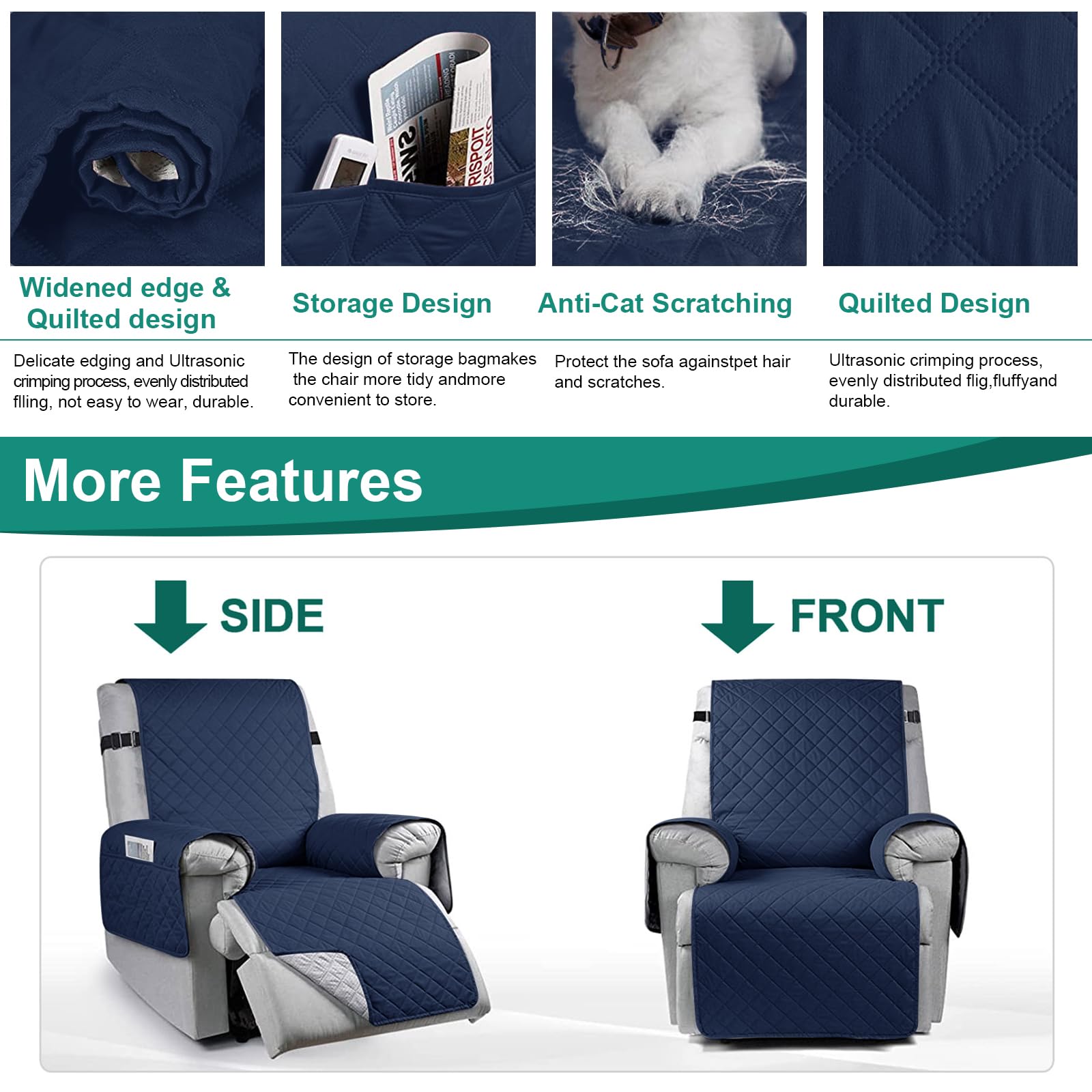 Copertura Impermeabile del sofà del reclinabile di 100%, Copertura reclinabile Antiscivolo della Sedia di 3 posti con Le Cinghie Elastiche per i Cani,Navy Blue,1 Seater