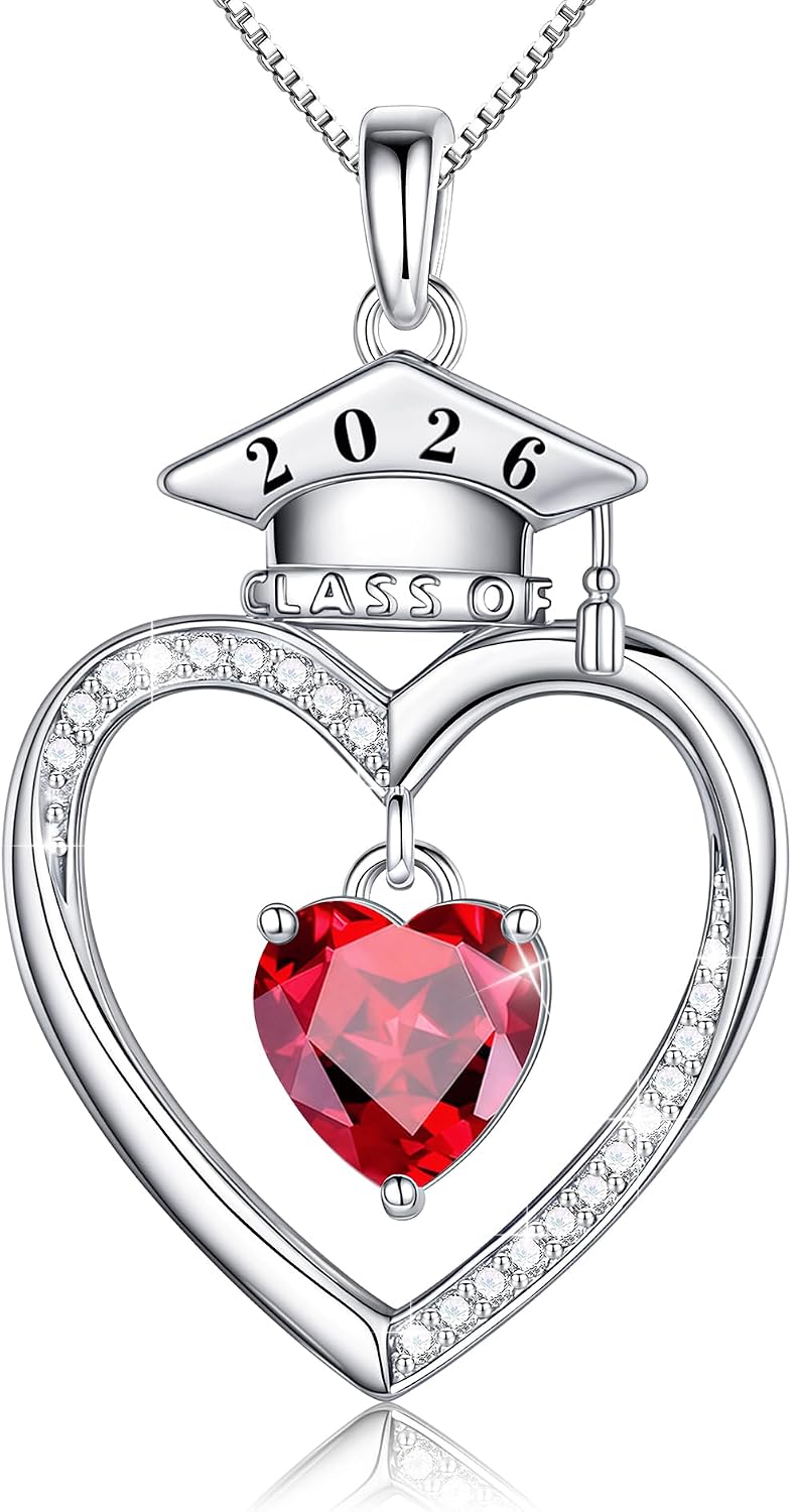 2026 Graduation Gift for Her - S925 Sterling Silver Engraved Class of 2026 Graduation Cap Heart Birthstone Necklace Masters Degree High School College Graduation Gift for Her