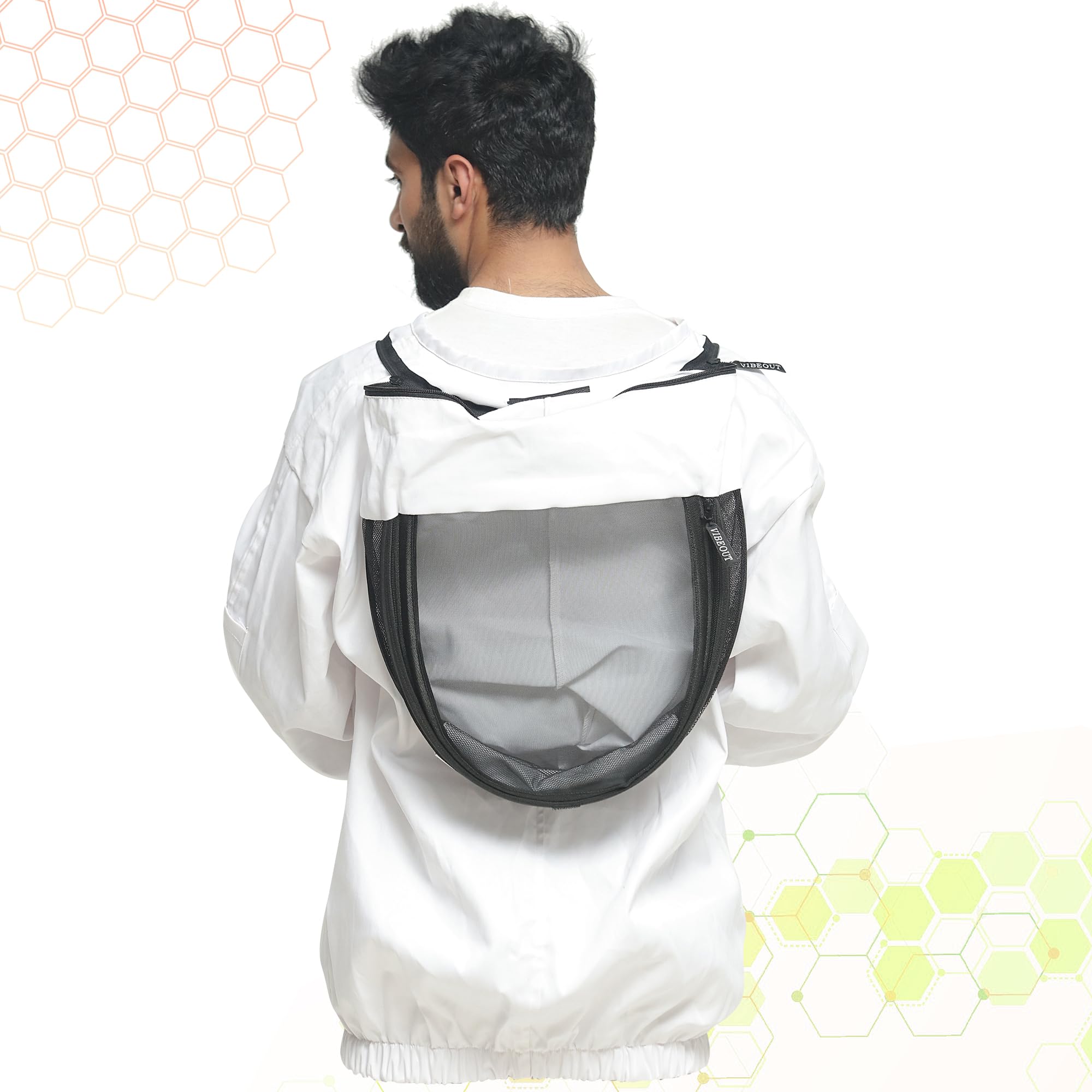 Giacca da apicoltore in cotone Giacca da apicoltore professionale Rotonda e scherma Cappuccio con cerniera a doppio velo Cappello Giacca protettiva per vespa a prova di puntura (Bianco, Medium)