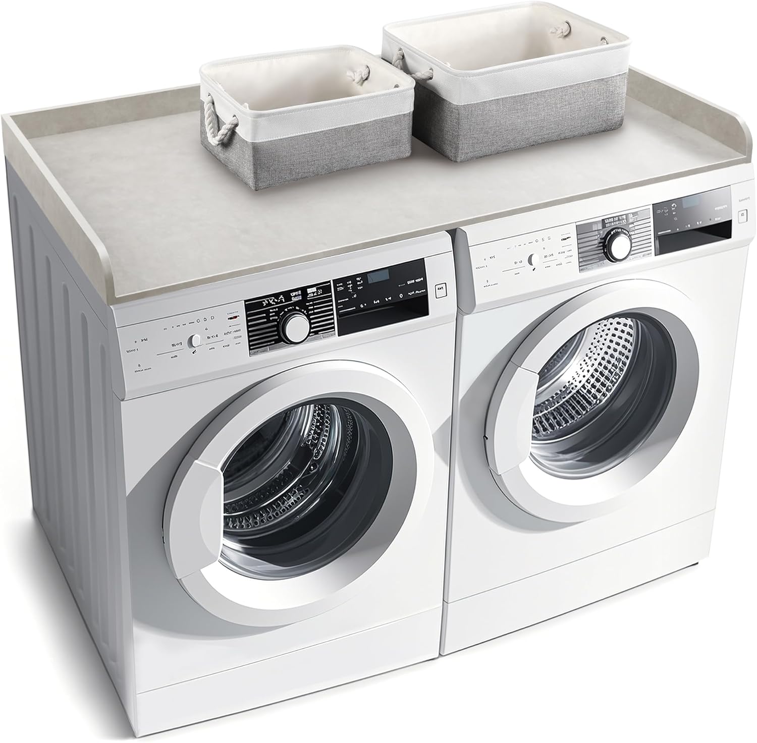 Washer Dryer Countertop with 2 Pack Storage Baskets, Wood Washer and Dryer Countertop with Non-Slip Pads/Edge Rails for Laundry Room Storage and Organization, 27.5″ W x 54″ L(Light Grey Marble)