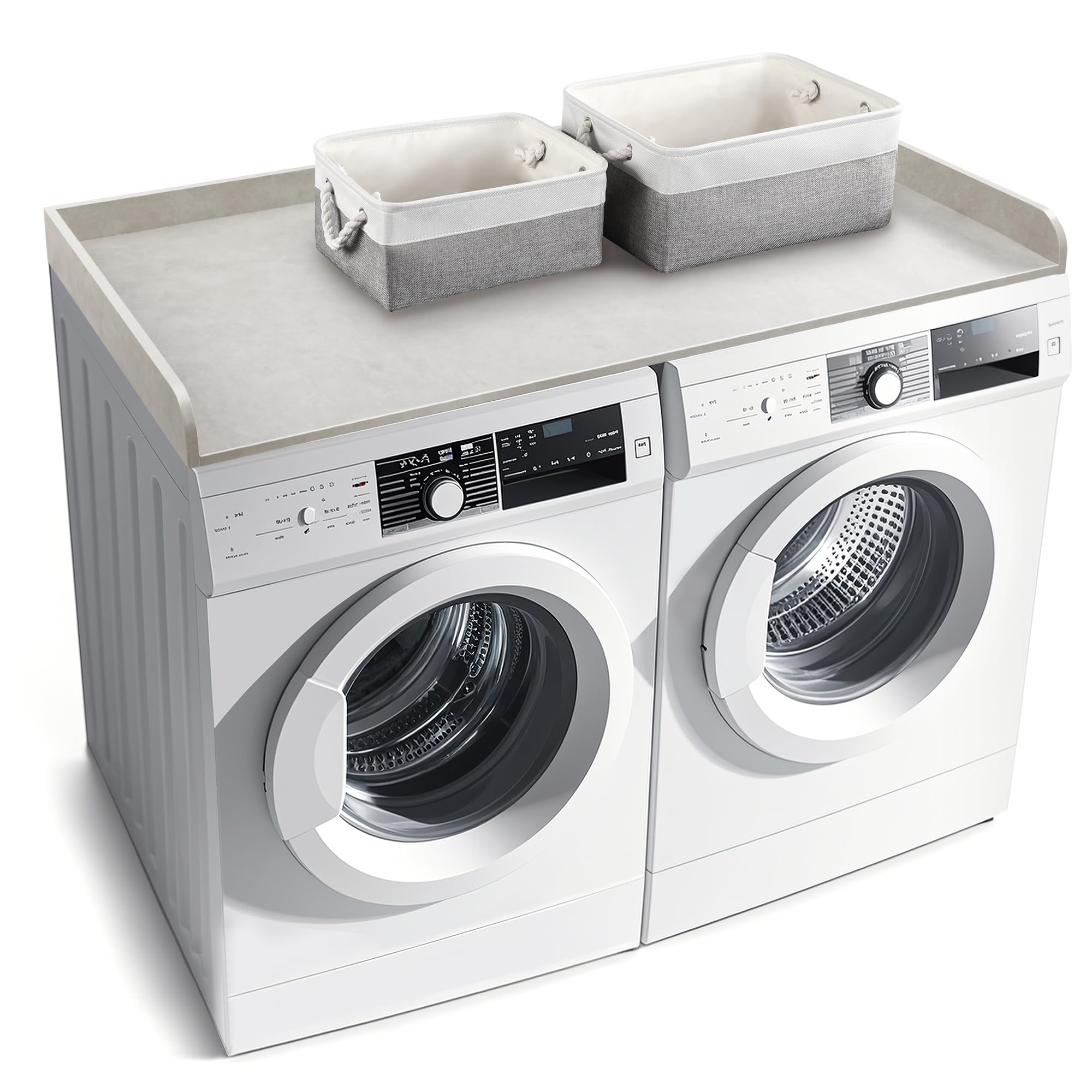GLDZI Washer Dryer Countertop with 2 Pack Storage Baskets, Wood Washer and Dryer Countertop with Non-Slip Pads/Edge Rails for Laundry Room Storage and Organization, 27.5" W x 54" L(Light Grey Marble)