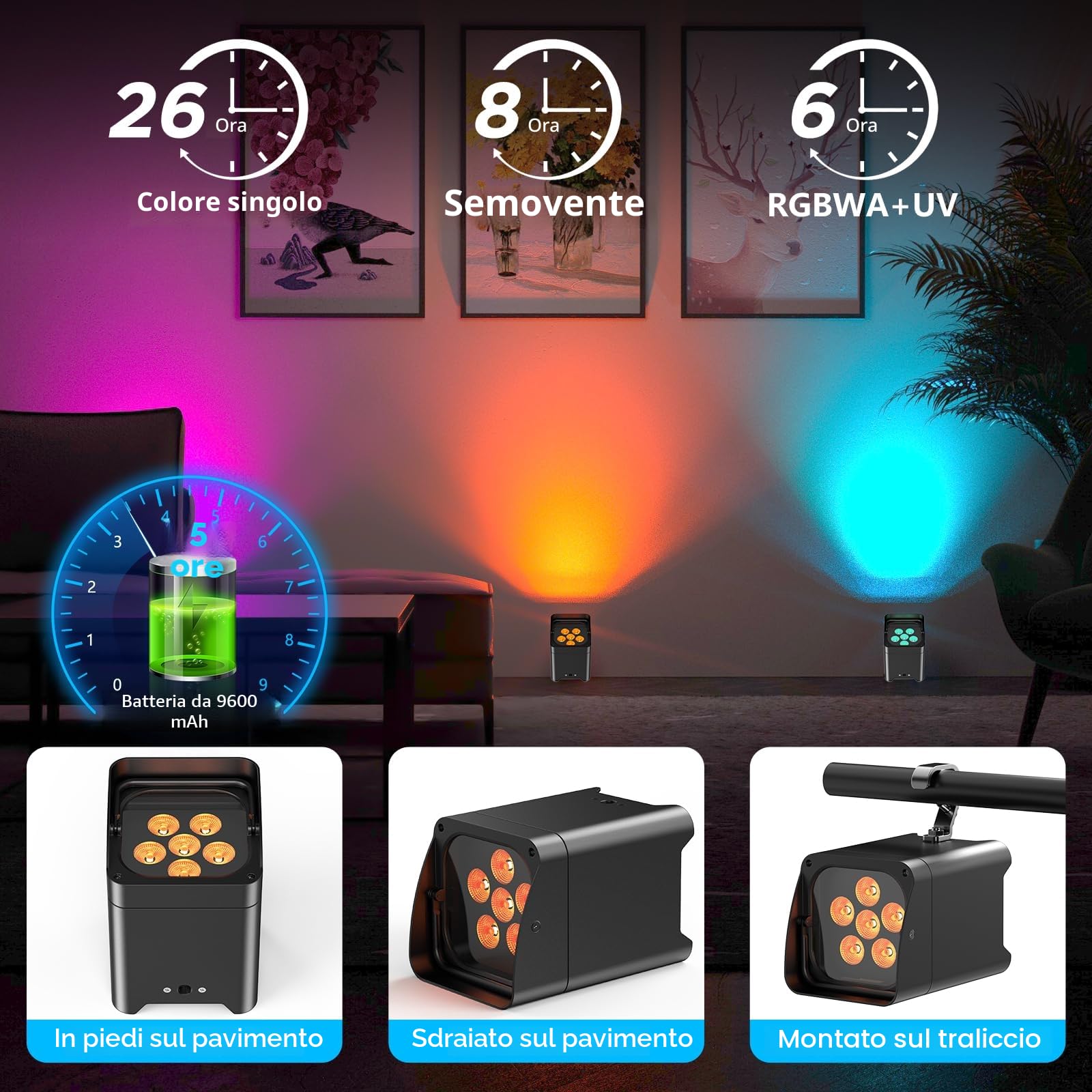 UKing 4 faretti LED da 108 W, con custodia, ricaricabili RGBWA+UV DMX, luce da palcoscenico con telecomando, luce da discoteca, per DJ bar, kTV, matrimonio