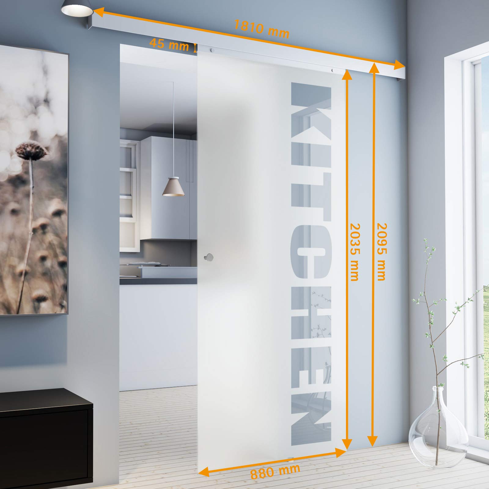 inova Glas-Schiebetür Komplettset 880x2035mm KITCHEN 8mm Zimmertür Schiebetürbeschlag mit Alu Laufschiene und Griffknopf