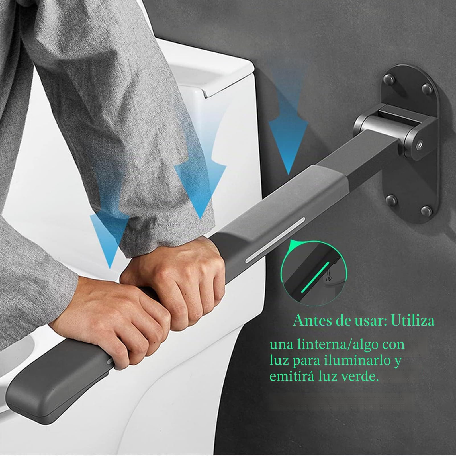 Barra Abatible Baño Acolchada, Luminoso Barra Baño Minusválido, Asidero Baño Abatible, Barra WC Minusválidos Abatible, Barra de Seguridad Baño Sujeción Pared,Blanco