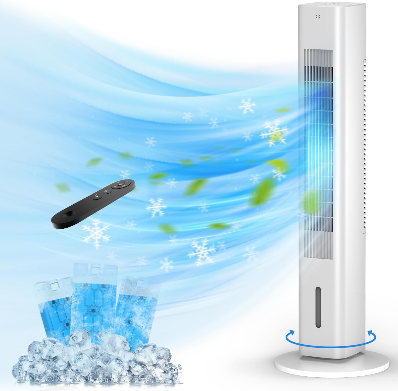 Windowless Portable Air Conditioners, 35’’ Cooling Tower Fan w/Remote, 7H Smart Timer & 70° Swing, 1.2L Water Tank With 3 Ice Packs, Ductless Air Cooler For HomeBedroomOffice