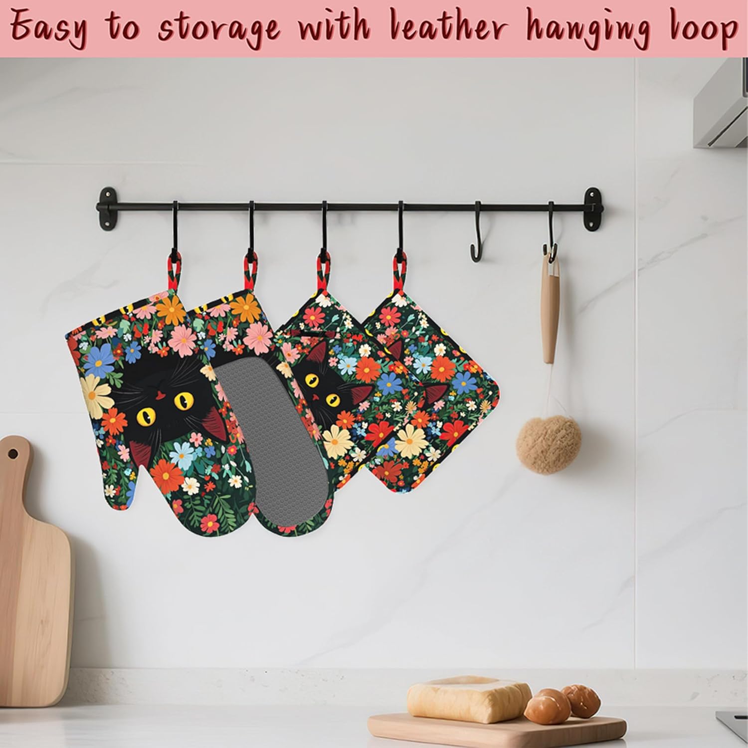 Funny Black Cat Heat-Resistant Silicone Oven Mitts and Pot Holders 4 Piece Set,Flower Field Extra Long Non-Slip Kitchen Oven Gloves for Cooking, Baking, BBQ,Grilling
