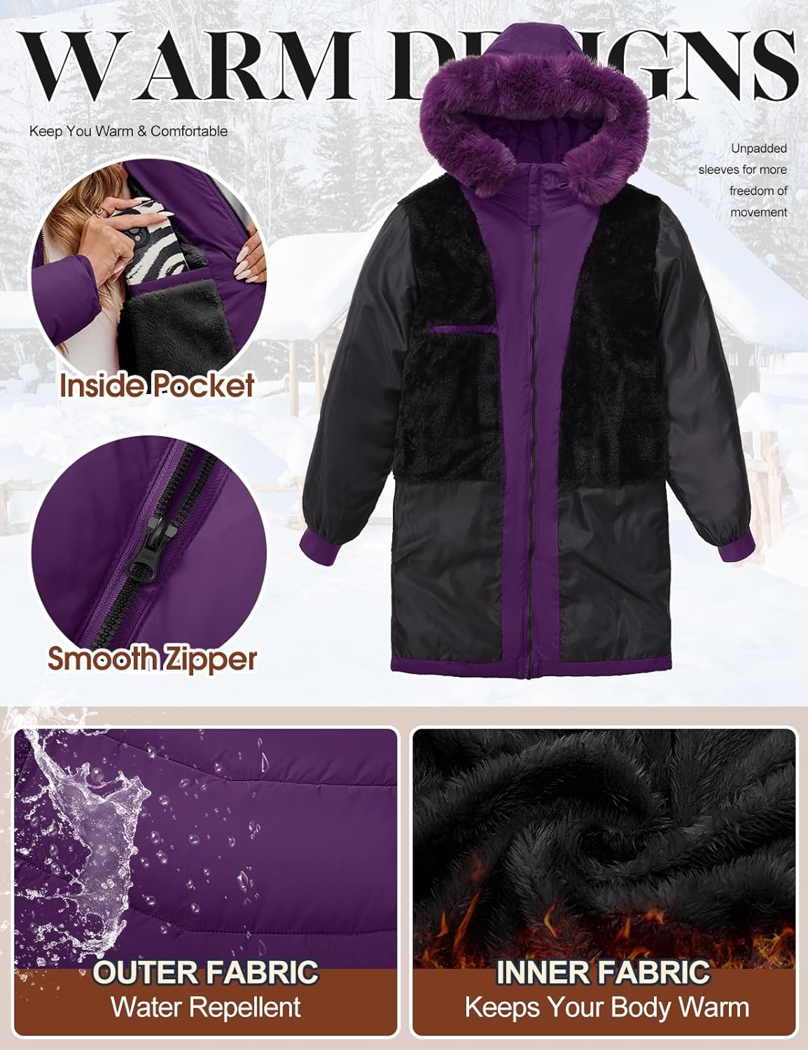 HEEKPEK Womens Winter Coats Water Repellent Thicken Warm Fleece Lined Puffer Jacket Long with Detachable Faux Fur Hood Parka - Image 5