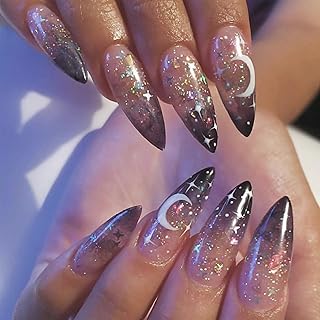 Halloween Press on Nails Black Gradient French Tips Fake Nails Long Stiletto Almond Shape False Nails Moon Star Clear Ombre Glue on Nails Gothic Glitter Acrylic Nails Stick on Nails for Women 24Pcs