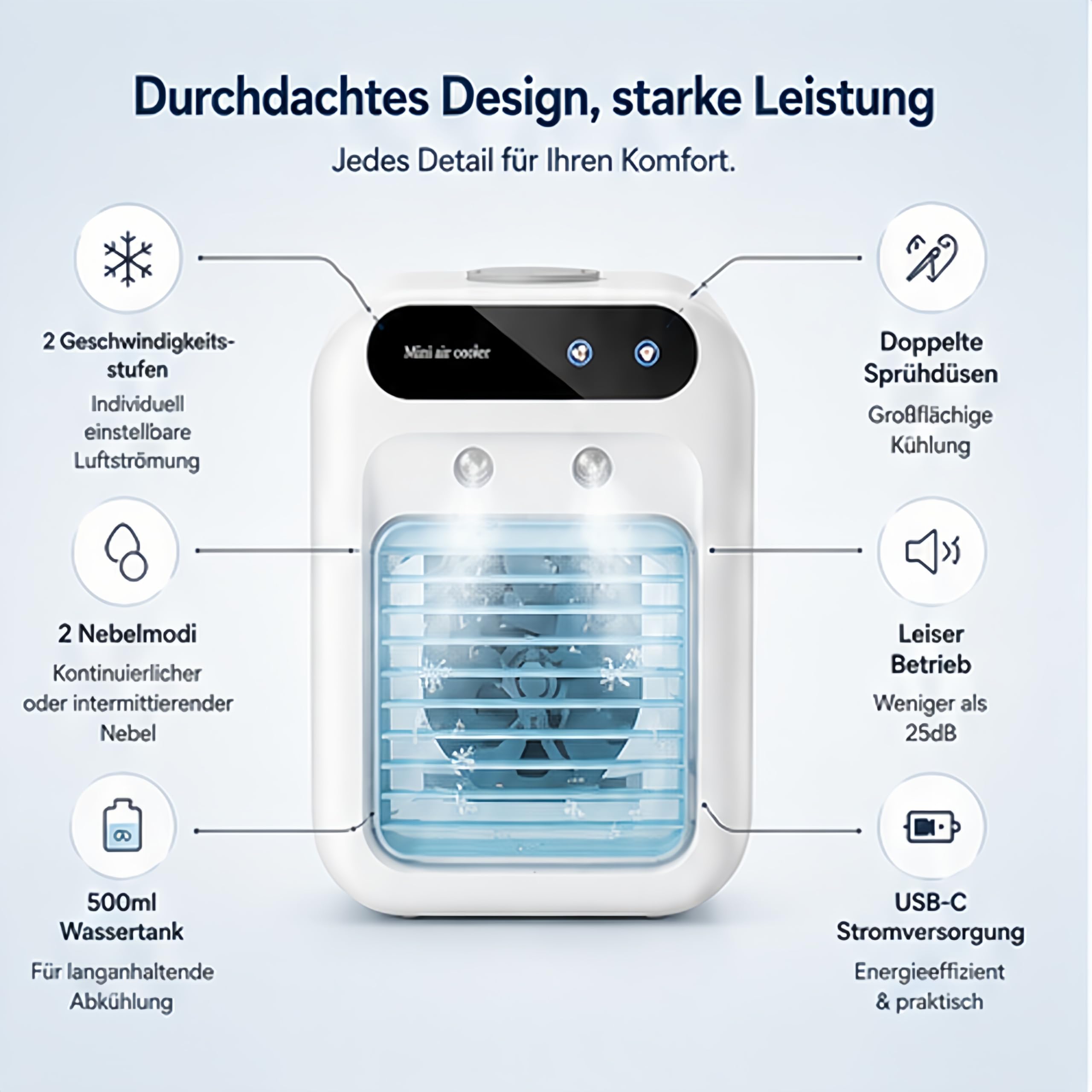 Mobile Klimaanlage、leise Tragbare Klimaanlage、500ml-Luftkühler、2 Geschwindigkeitsstufen、2 Nebelmodi、Mini klimaanlage geeignet für Schlafzimmer und Büro(Weiß)