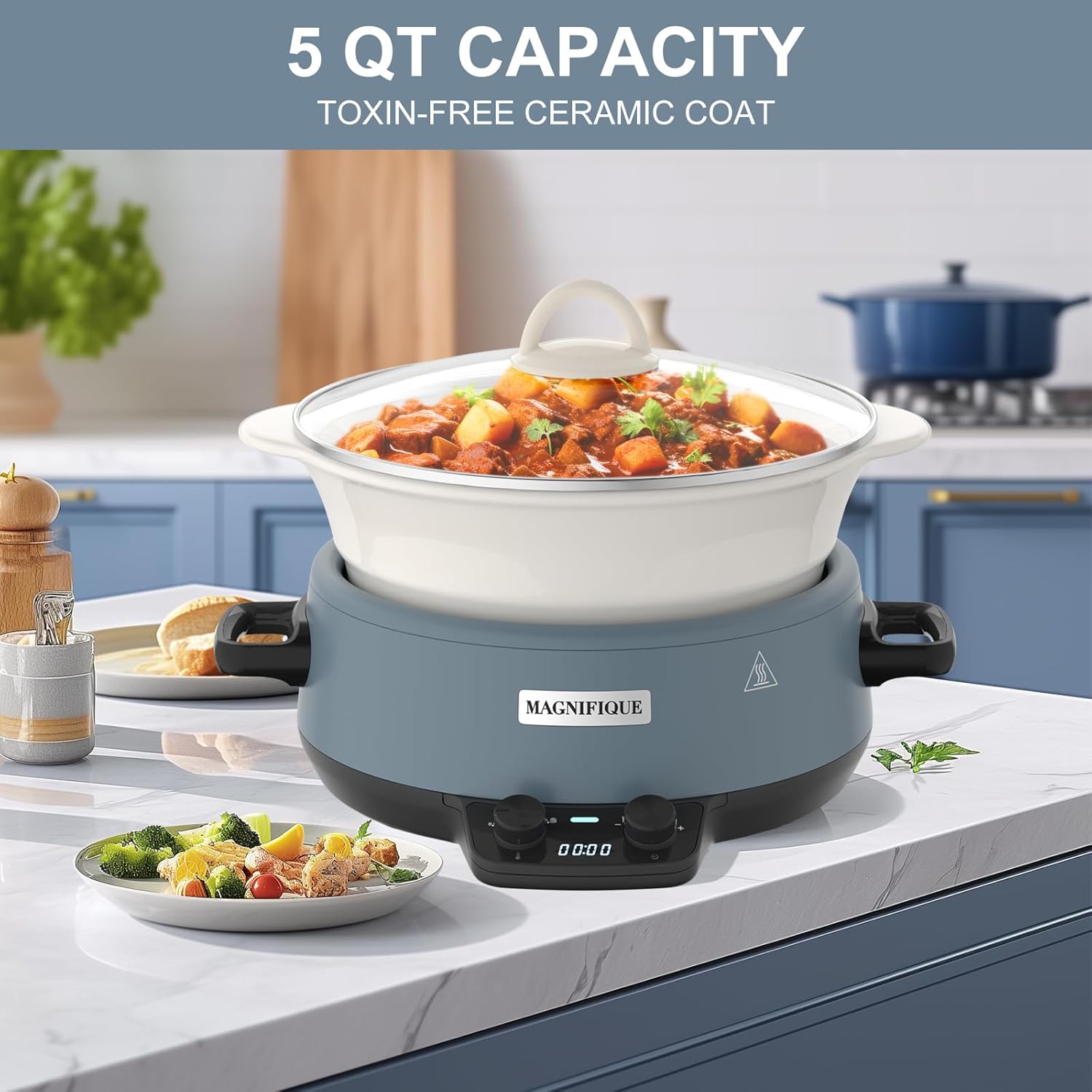 MAGNIFIQUE Small 5 Quart Round Casserole Programmable Slow Cooker with Glazed Ceramic Liner, Food Warmer Perfect Kitchen Small Appliance for Family Dinners, Blue