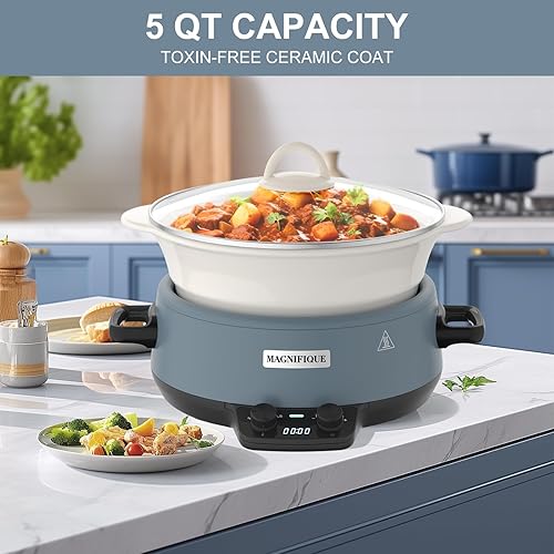 Miniatura 6 de MAGNIFIQUE - Olla de cocción lenta programable de 5 cuartos de galón con ajuste automático de calor, forro de cerámica esmaltada, pequeño