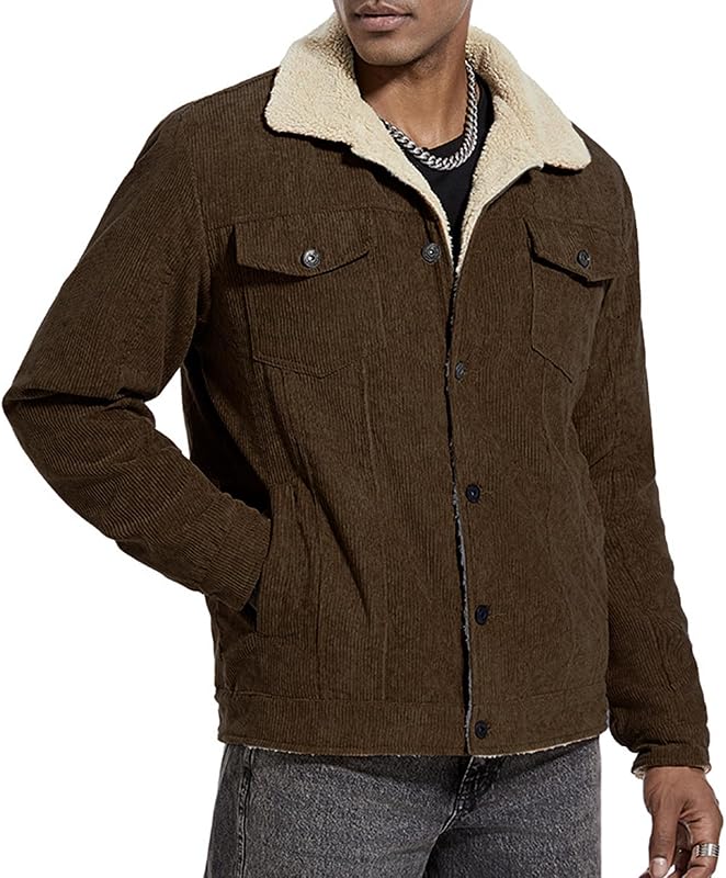 evzosrz Men's Corduroy Jacket Fleece Sherpa Lined Trucker Jackets Turn-Down Collar Warm Winter Casual Cargo Jacket Coat