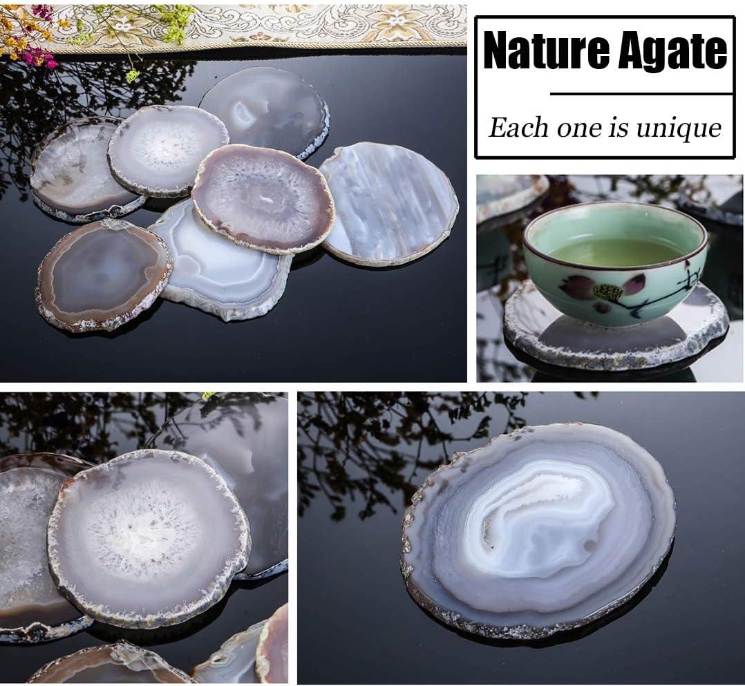 Natural Agate Coasters Set of 4, Brown Geode Stone Slices 3-3.5'' for Drinks Coffee Wine, Unique Rock Crystal Tabletop Protection with Rubber Bumpers - Image 8