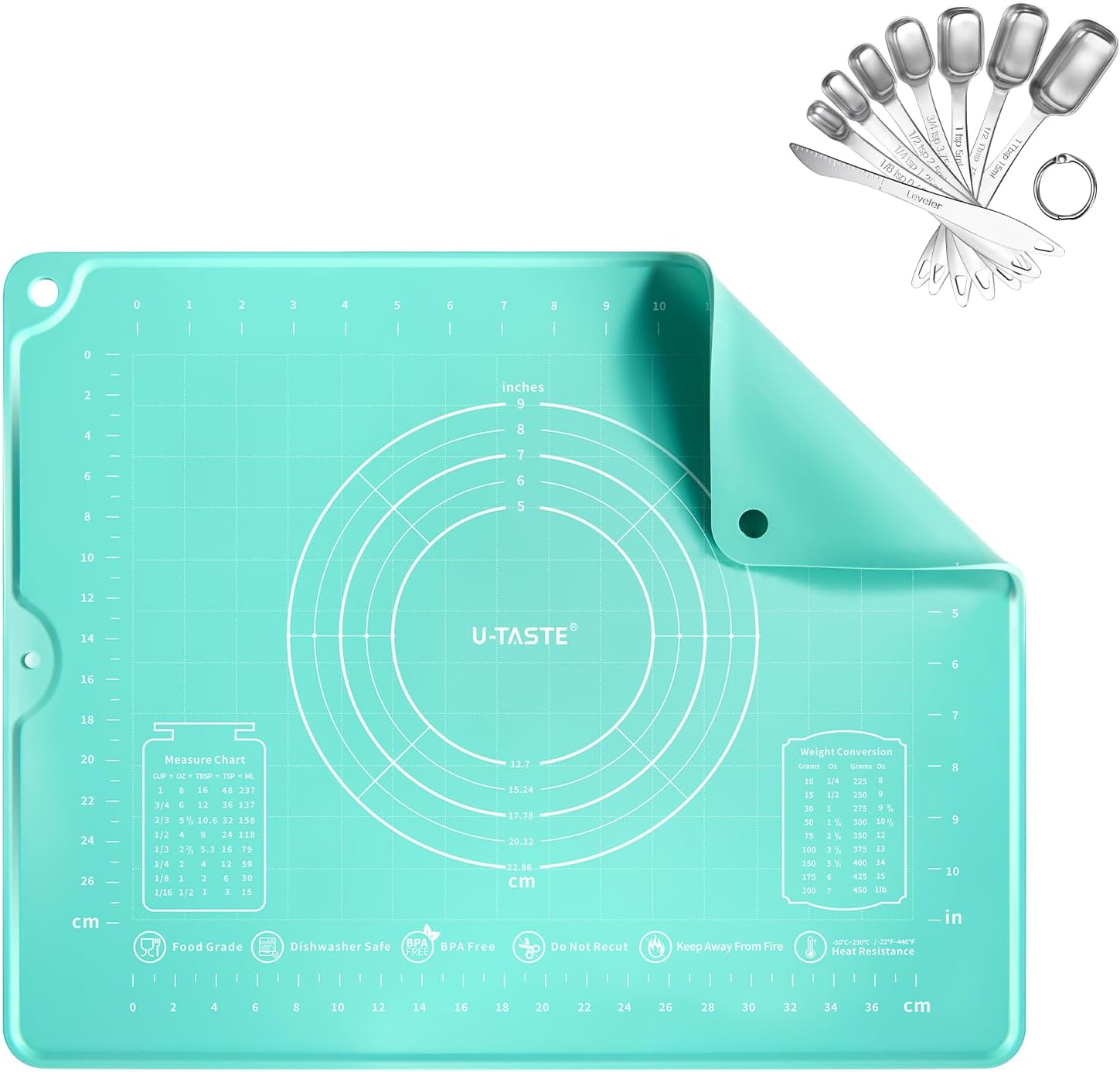 U-Taste 16"x20" Food-Grade Liquid Silicone Pastry Mat with Clear Measurement, and 18/8 Stainless Steel Square Measuring Spoons Set of 8 (Aqua Sky+Silver)