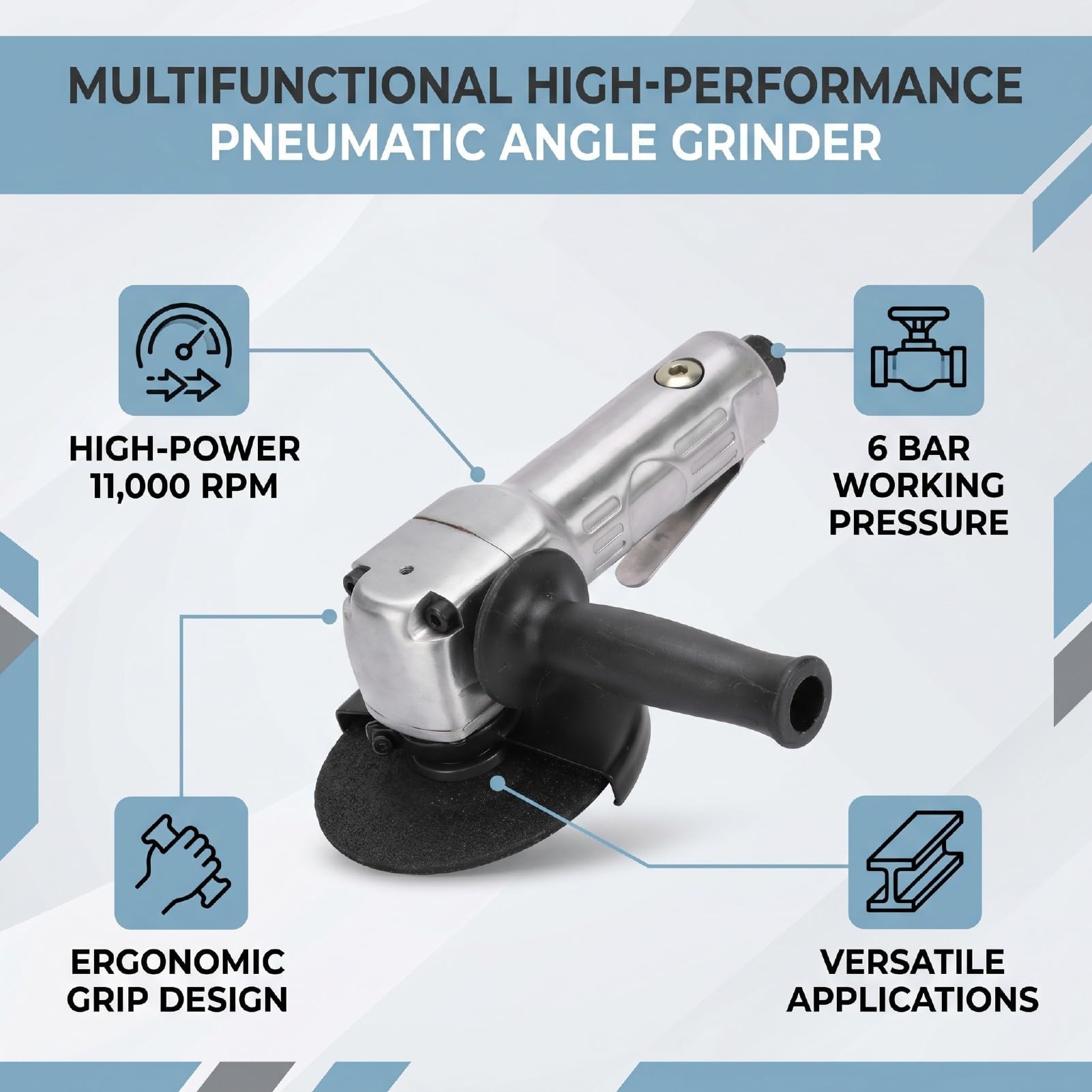 KIMISS Amoladora Angular Neumática de 5 Pulgadas Lijadora Angular de Aire de 11000 RPM para Corte de Metal Pulido con Agarre Ergonómico Carcasa Compuesta Liviana 6 BAR