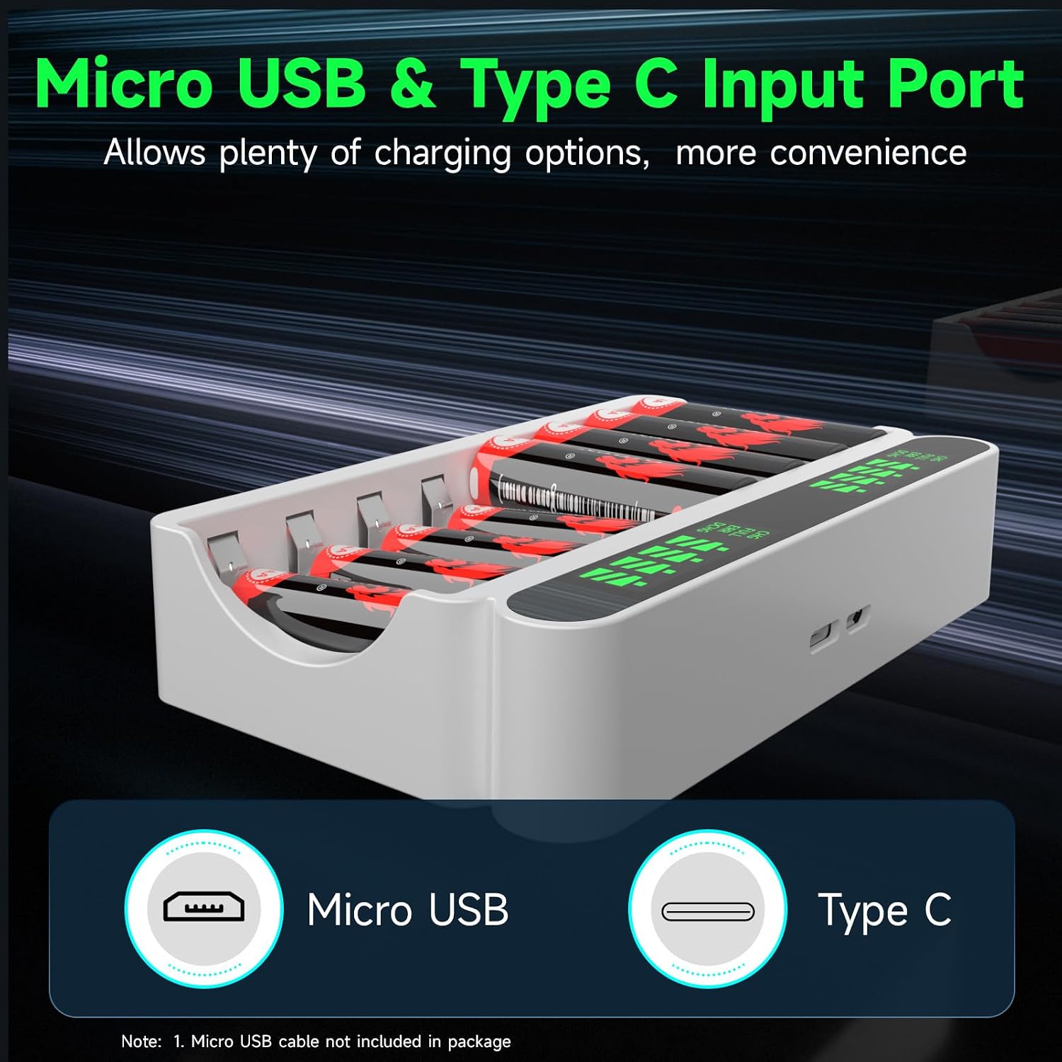 IMREN AA AAA Battery Charger, 8 Independent Charging Slots AA AAA Battery Charger with LCD Screen, 5V 2A Type-C and Micro USB Input, for NiMH/NiCD Rechargeable Batteries