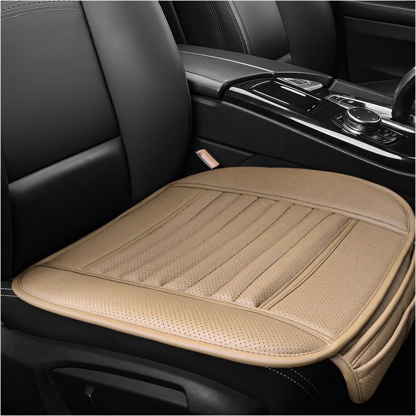 Sun Walker Car Seat Bottom Cover, Anti-Slip Leather Auto Front Seat Cushion with Storage Pockets, Breathable Bottom Seats Protective Cover for Sedan SUV Truck, Car Accessories (Beige)