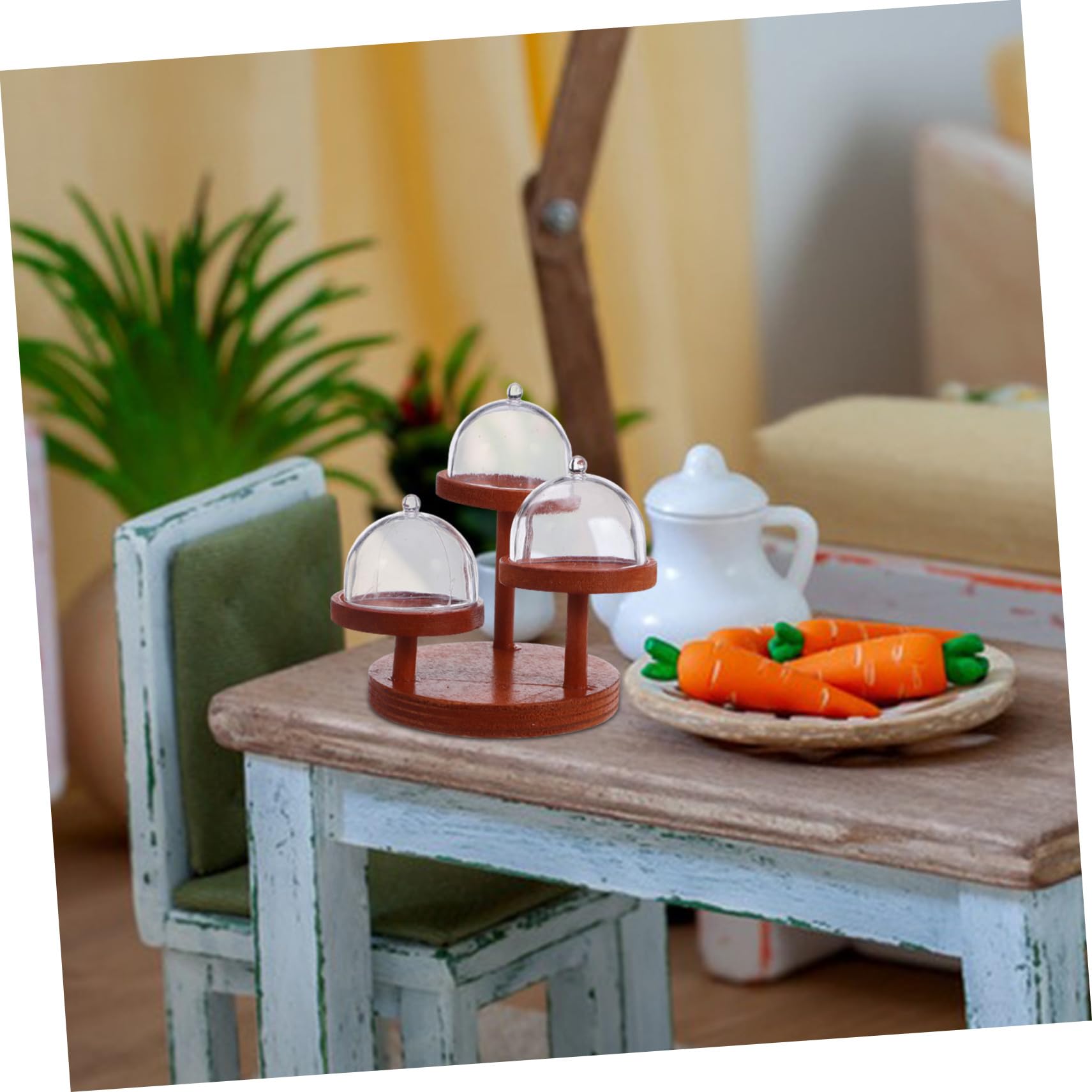 Kisangel 2 Impostati Miniature Stand da Dolci in Legno per Casa delle Bambole Vassoio Piani con Copertura in Plastica Espositore Multistrato
