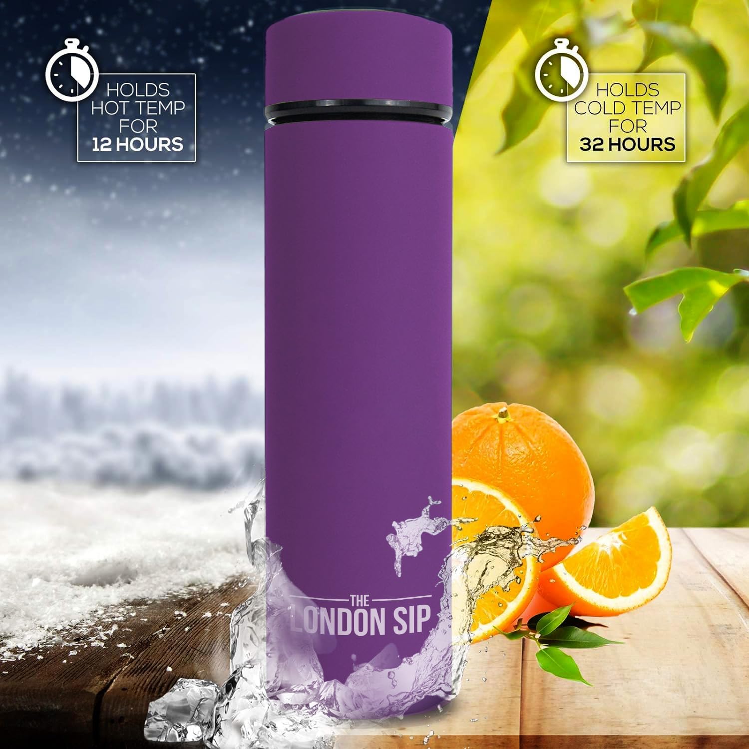 London Sip Multi-Purpose Travel Mug and Tumbler Fruit Infused Flask Hot and Cold Double Wall Stainless Steel Thermos with Extra-Long Infuser, Purple - Image 4