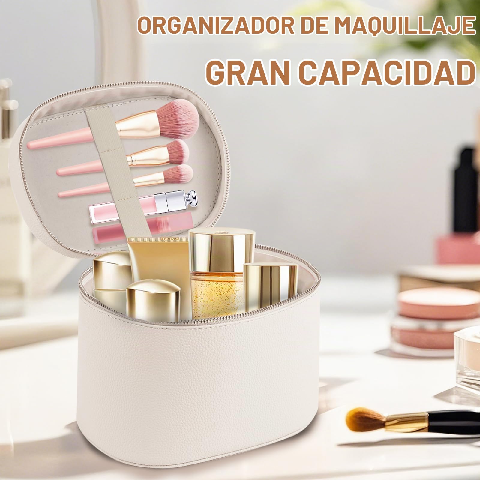 Neceser Maquillaje de Cuero PU Impermeable, Neceser Viaje para Mujer Grande, Maletín de Cosméticos Portátil, Bolsa de Maquillaje Organizador con Divisor Desmontable y Doble Cremallera (Blanco)