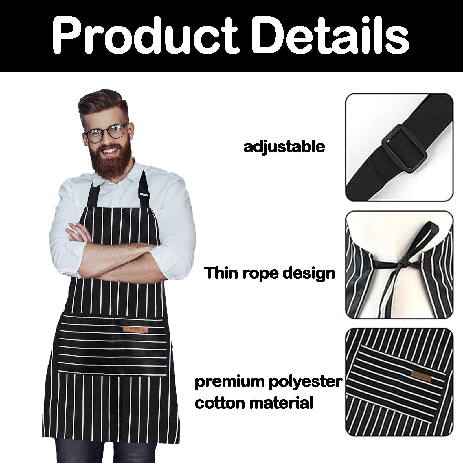 WNXBFO Apron for Unisex Adjustable Grilling Aprons for Men and Women Pockets Cooking Kitchen Chef Black Apron - Image 3