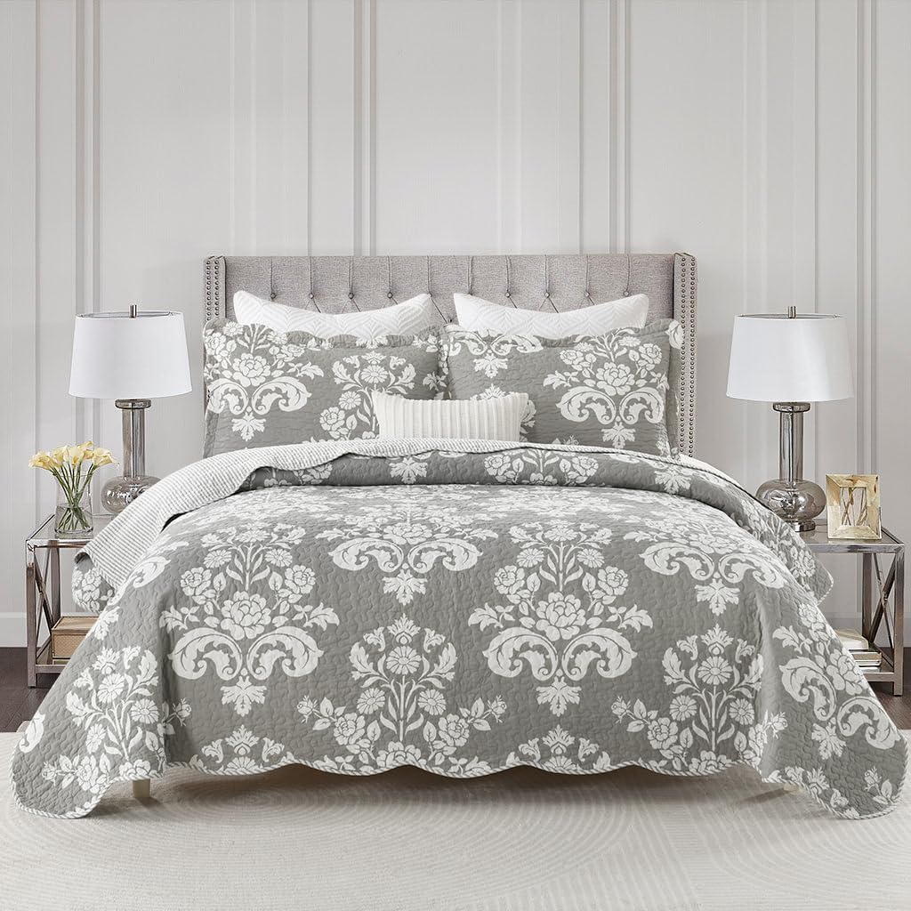 Quilt Queen Size, Queen Quilt Set 100% Cotton Bedspreads Lightweight Quilted Reversible Bedding Set Farmhouse Damask Paisley Floral Comforter Coverlet,All Season Grey Gray White 3-Piece