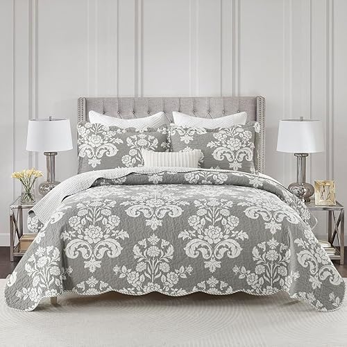 Juego de edredón tamaño King, color gris, tamaño King, cubrecamas 100% algodón, ligero, suave, acolchado, reversible, juego de ropa de cama